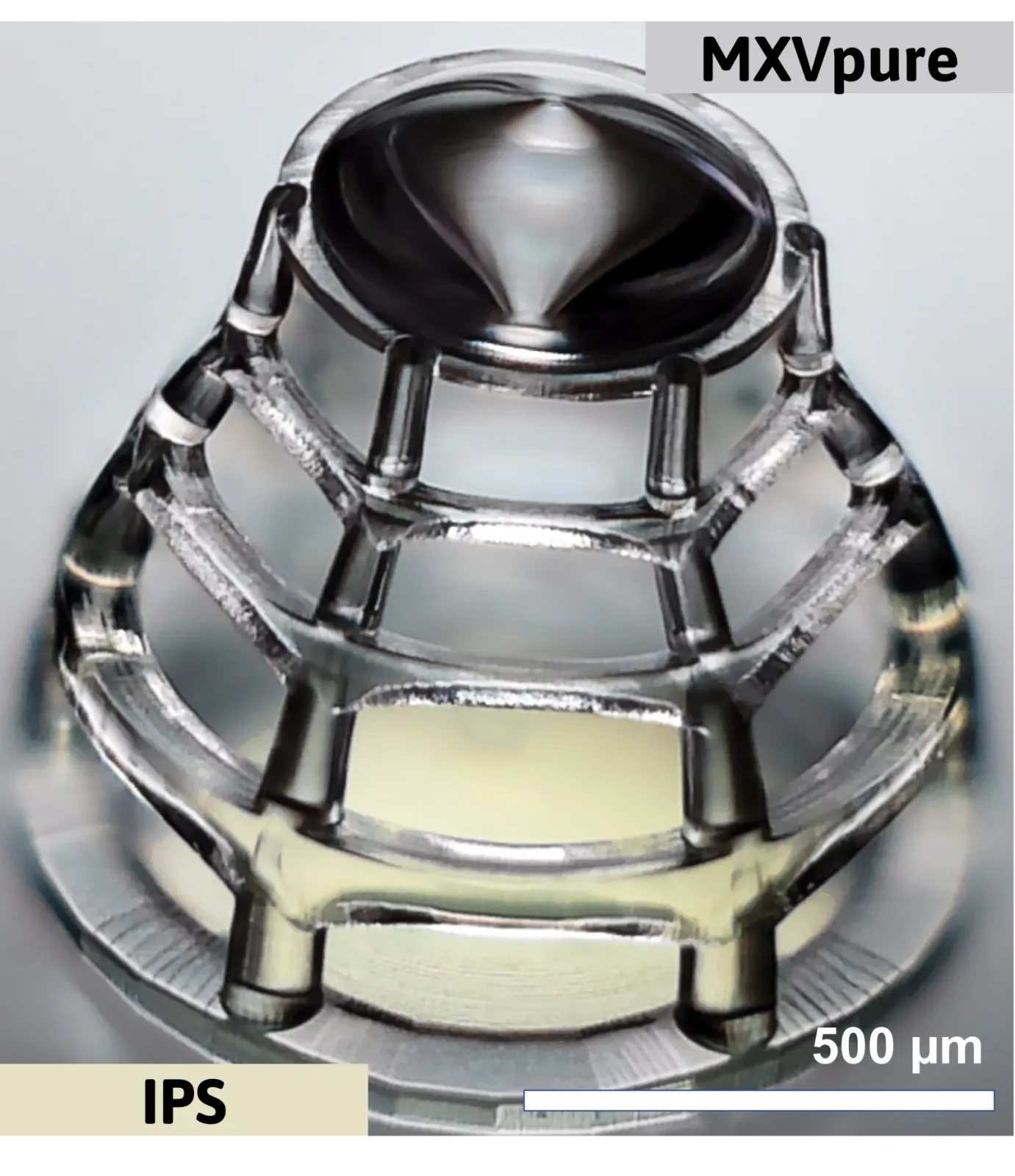 This HETEROMERGE micro-optic was manufactured using commercially available and proprietary optical materials. The optical structures are perfectly aligned.