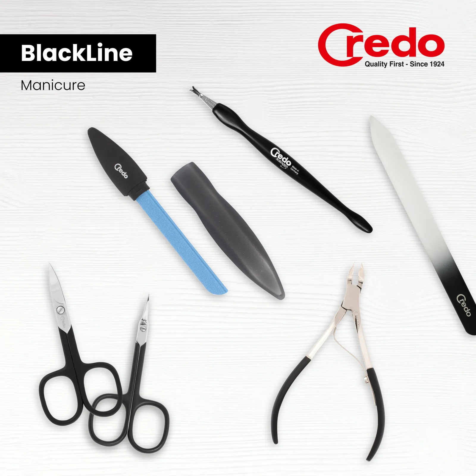 BlackLine manicure instruments (nail and cuticle scissors, ceramic and glass nail file, cuticle nippers, cuticle trimmer and foldable nail file)