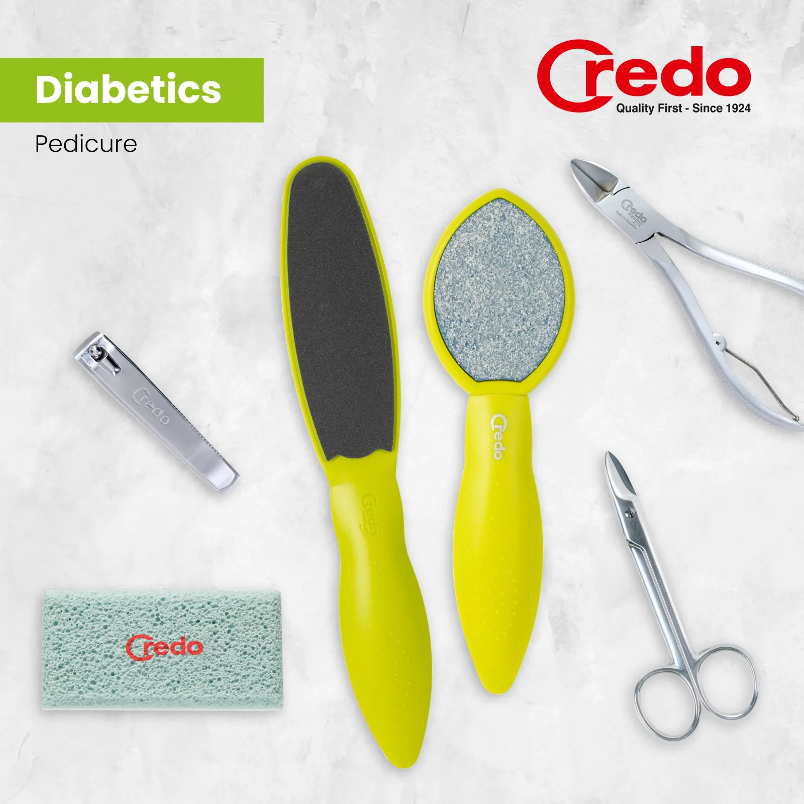 Diabetics pedicure instruments  (Duo ceramic rasp, DuoSoft foot file, toe nail scissors, nail clippers, nail nippers and pedicure stone)