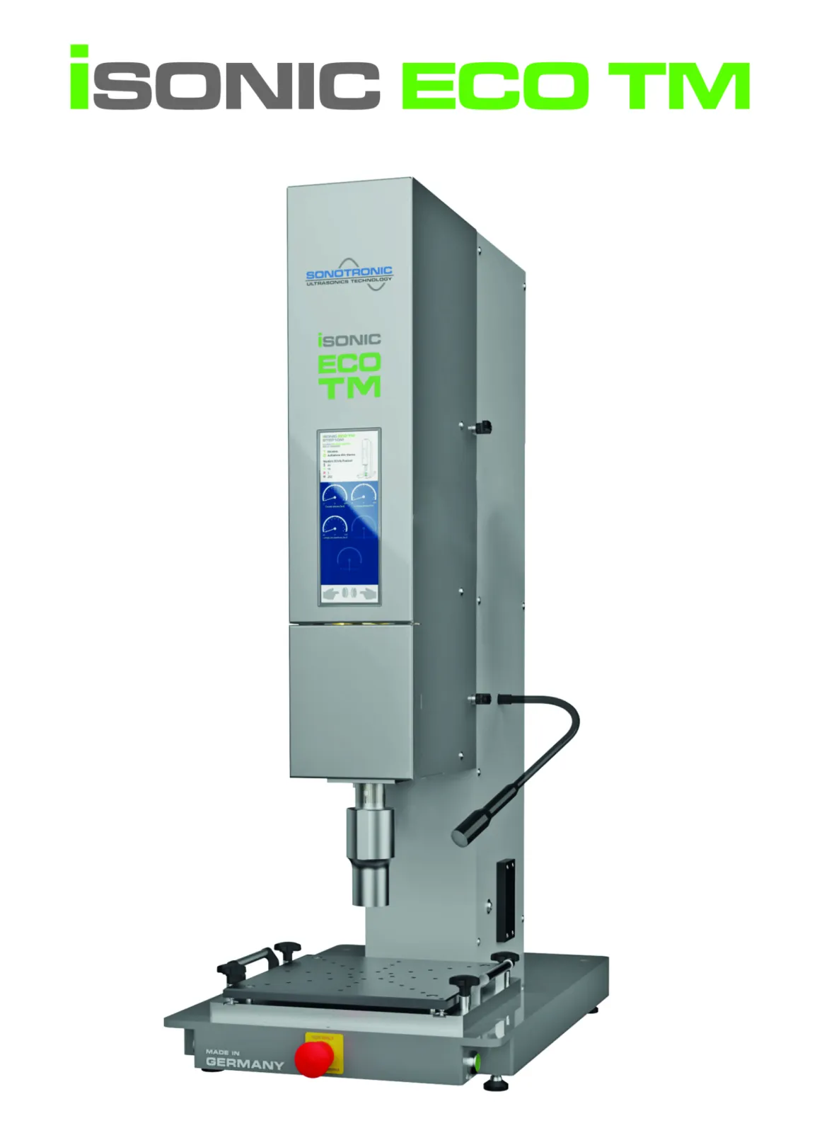Caption: Series premiere of the iSONIC ECO™: The fully electric ultrasonic benchtop machine operates completely without compressed air, is maintenance-free, and particularly energy-efficient. With two integrated frequencies (20 kHz and 35 kHz) and an innovative quick-change system, it covers a wide application range – from welding to embossing to demanding areas such as medical technology. New: a 9.3'' display, optionally as a touchscreen.