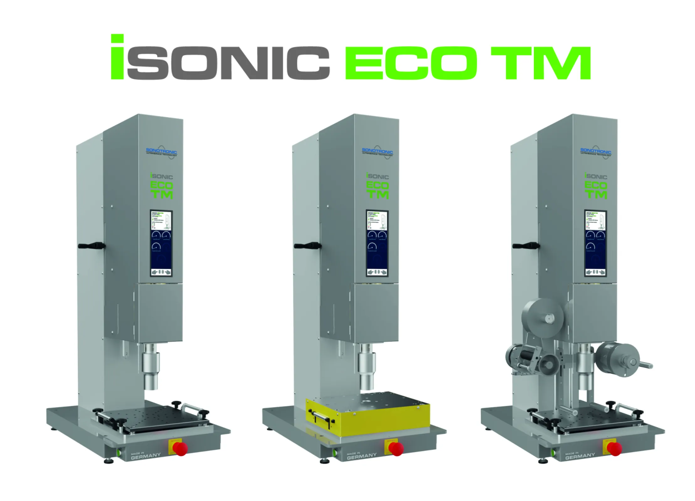 Caption: From left: 1. iSONIC ECO TM Basic, 2. with sliding table for ergonomic placement of components under the sonotrode, 3. with film feed unit for protecting sensitive component surfaces