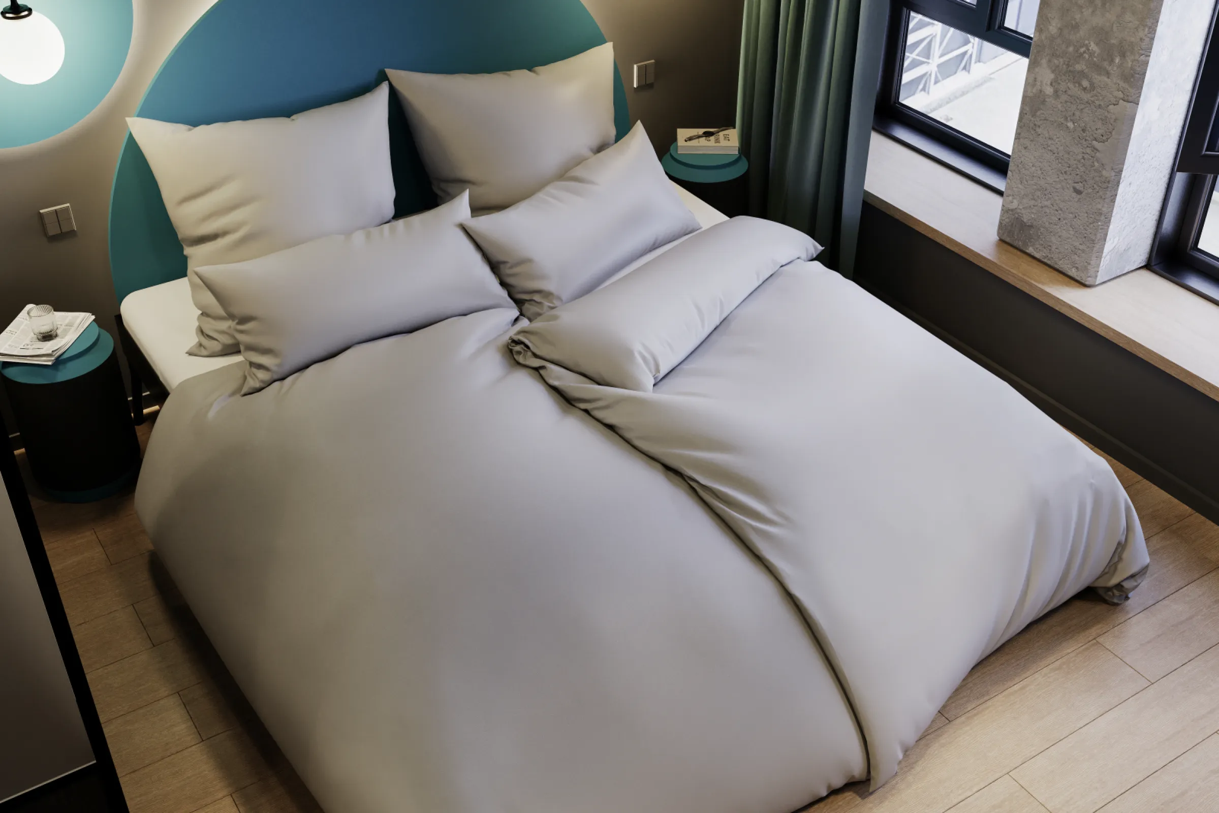 Silver-grey smooth sateen – a contemporary statement piece for every hotel room.