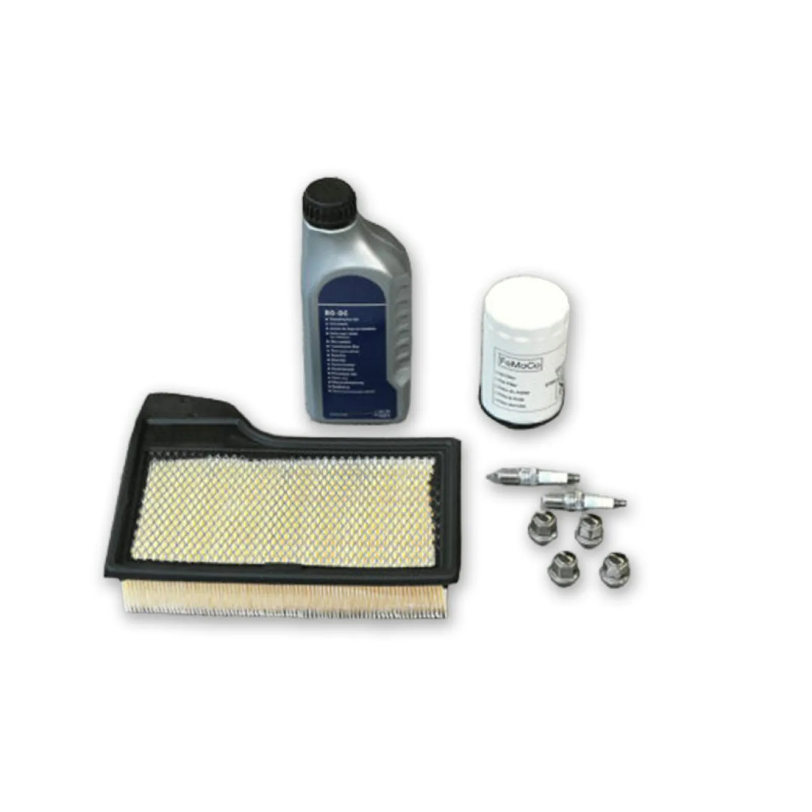 Air filter, engine oil, oil filter, spark plugs, wheel nuts