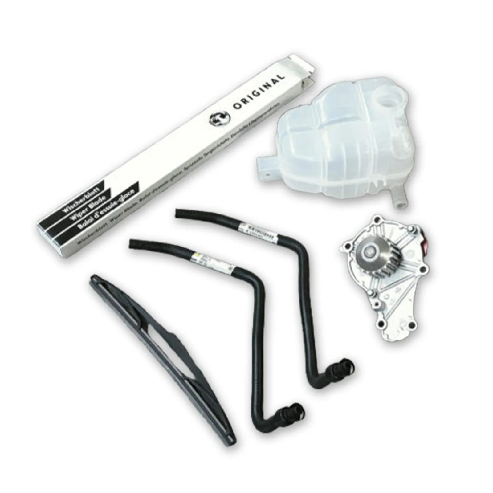 windshield wipers, expansion tank, hoses, water pump