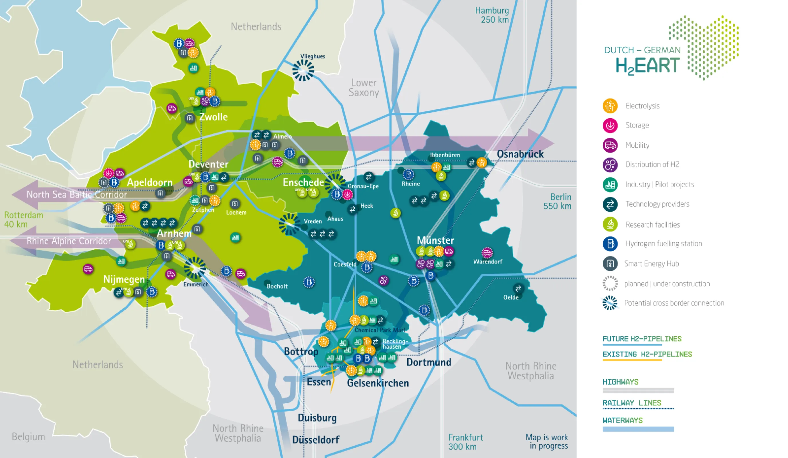 Map of the TECH.LAND-region with its hydogen activities and players