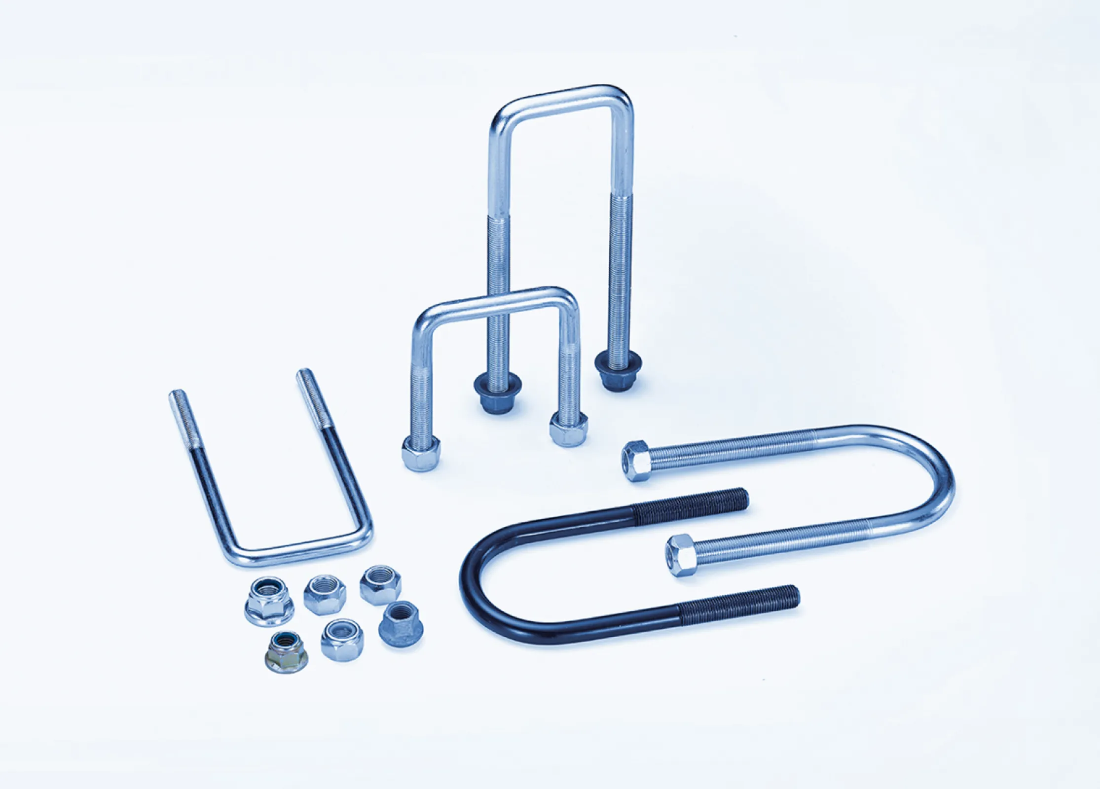 U-bolts for all types of leaf springs, individually packaged with accessories.