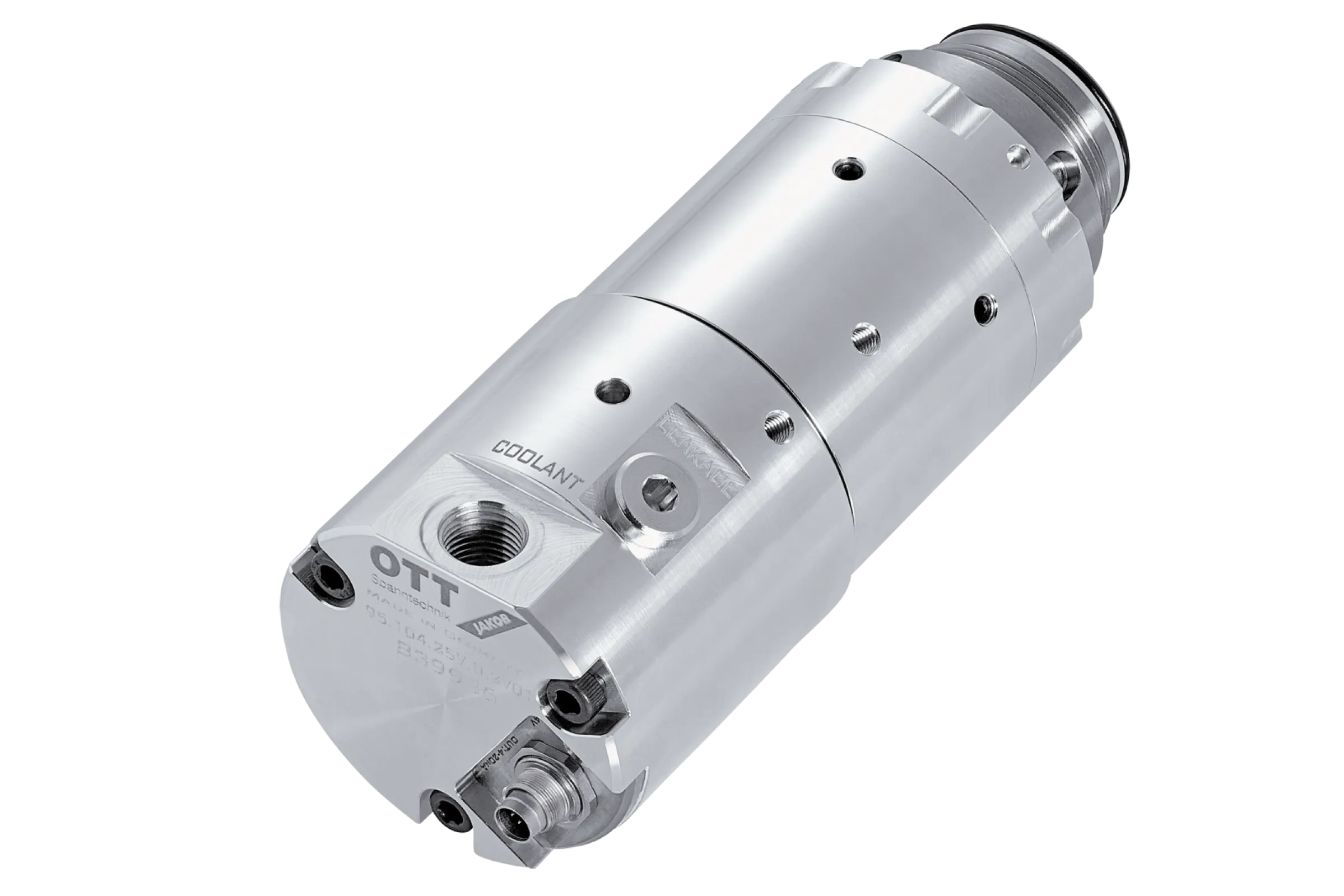 Our dual-passage rotary union 2KA-ME makes it possible to supply hydraulic oil for unclamping operations through one passage whilst feeding another medium (e.g. coolant) through the second passage.