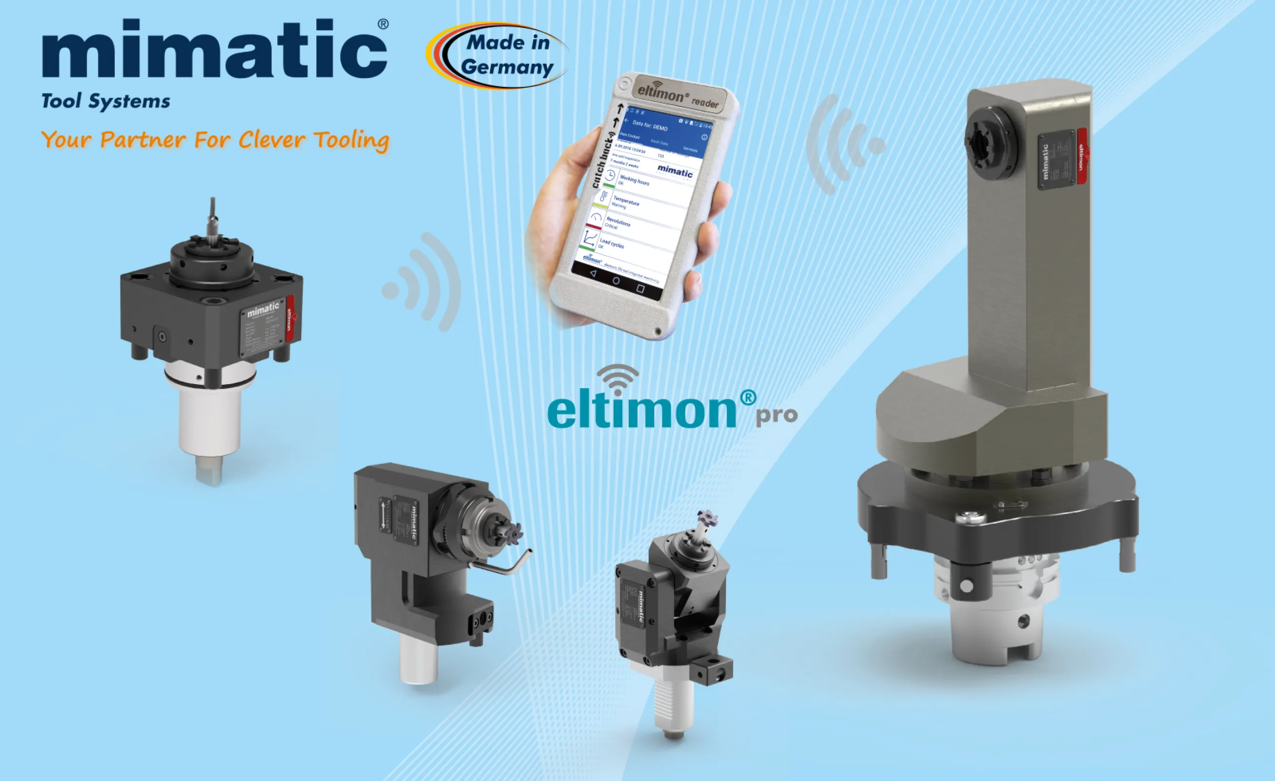 The mimatic eltimon® system enables intelligent monitoring of angle heads and driven tools directly during operation. By continuously measuring load conditions and operating data, eltimon® helps detect critical situations at an early stage and prevents unexpected tool failures. The system increases process reliability, optimizes tool life, and supports predictive maintenance. With wireless data transmission and an easy-to-use reader interface, eltimon® provides valuable insights into tool performance – ensuring maximum efficiency, transparency, and safety in modern machining processes.