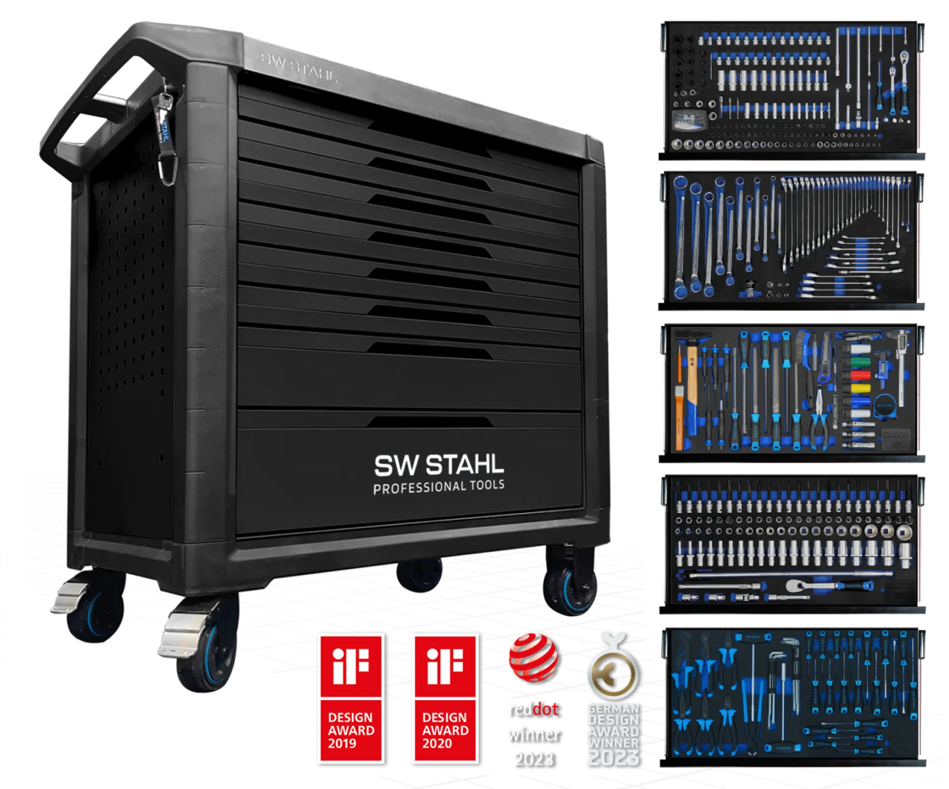 Professional tool trolley TT802, black, equipped, 434-piece, 5 inlays