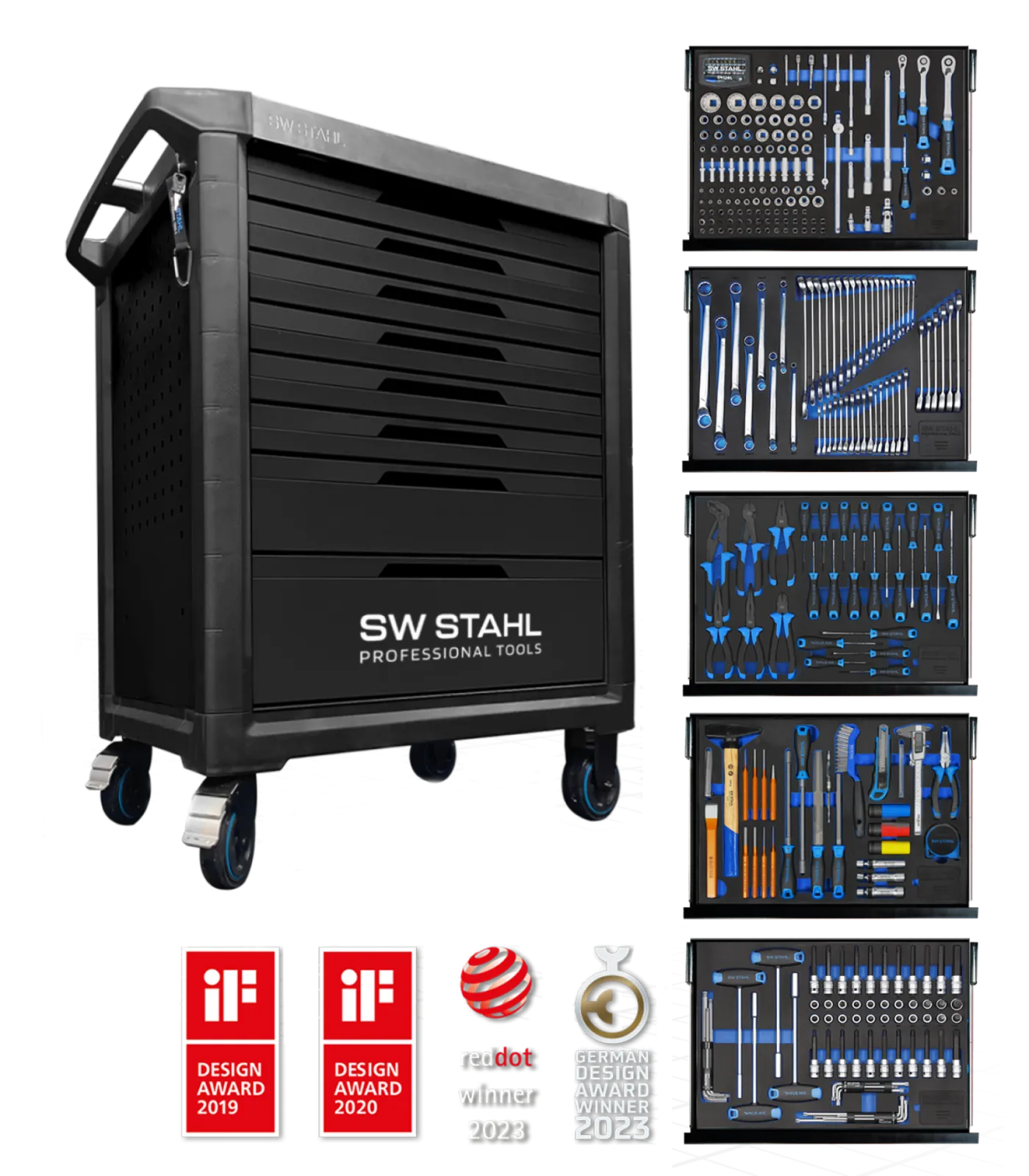 Professional tool trolley TT801, black, equipped, 341-piece, 5 inlays