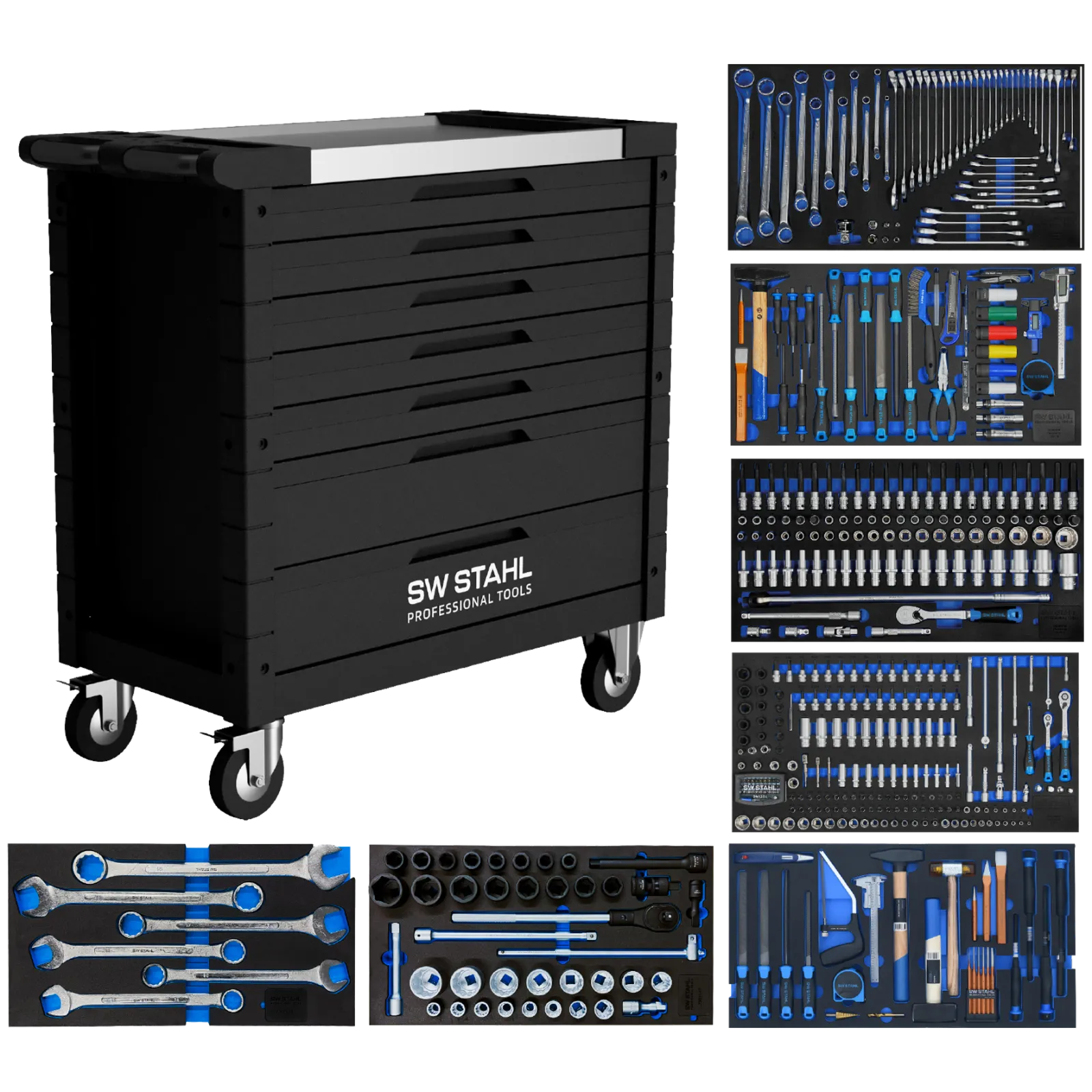 Tool trolley TT402, black, equipped, 472-piece, 7 inlays