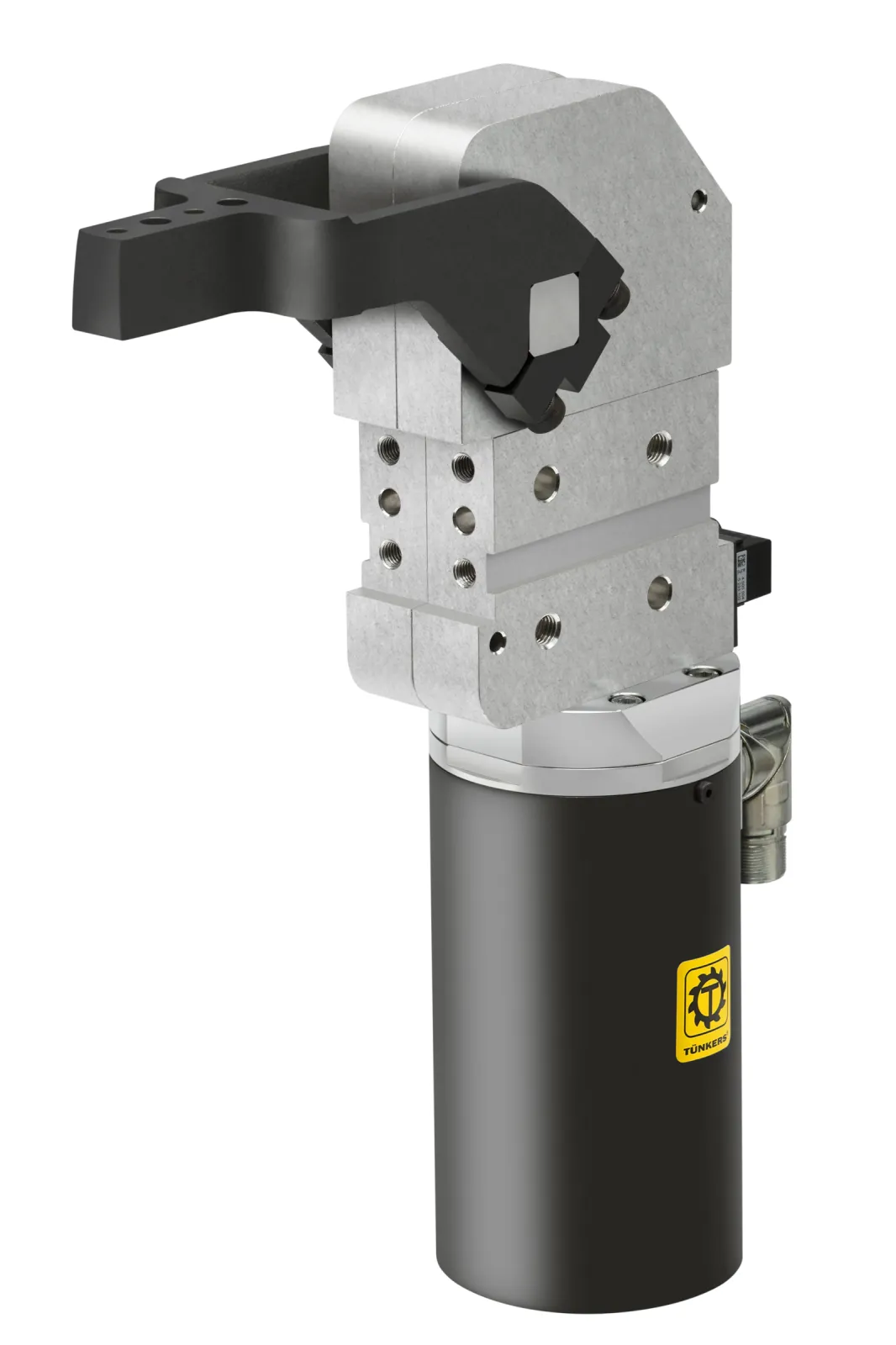 EK Electric clamp  Clamp with toggle-lever mechanism, with electric motor instead of pneumatic cylinder. Encapsulated housing, connection compatible with the pneumatic series. A trapezoidal threaded spindle instead of a piston rod operates the mechanics driving the clamp arm. Integrated toggle mechanism, self-locking. Drive 24V DC.