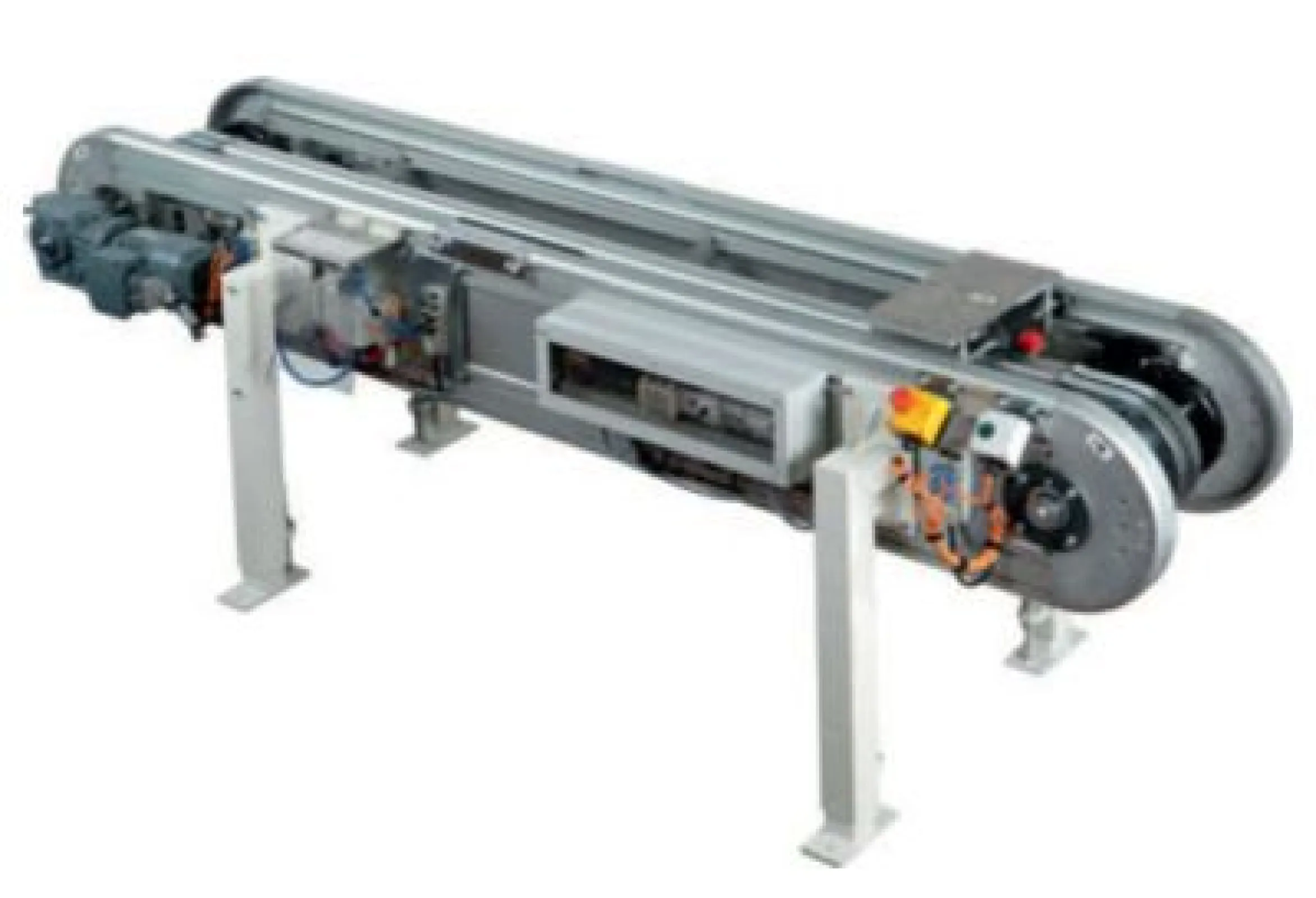 AFS pallet accumulating conveyor  Robust pallet conveyor with chain drive  Max. pallet load (component + carrier) 130 kg  Suitable for medium and large components up to about 3,000 mm width  Stop option at turning point  Fully electric control as an option