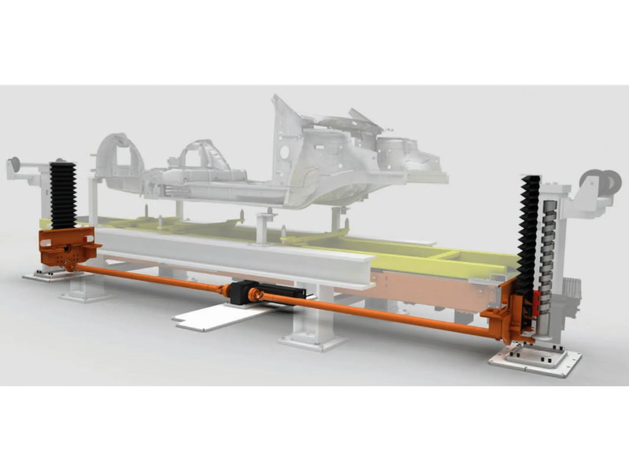 Lift-and-carry-unit Conveying system for body-in-white manufacture, for safe and accurate positioning of skids transferring automotive bodies or automotive components, in flexible station design and in non-linked operation.