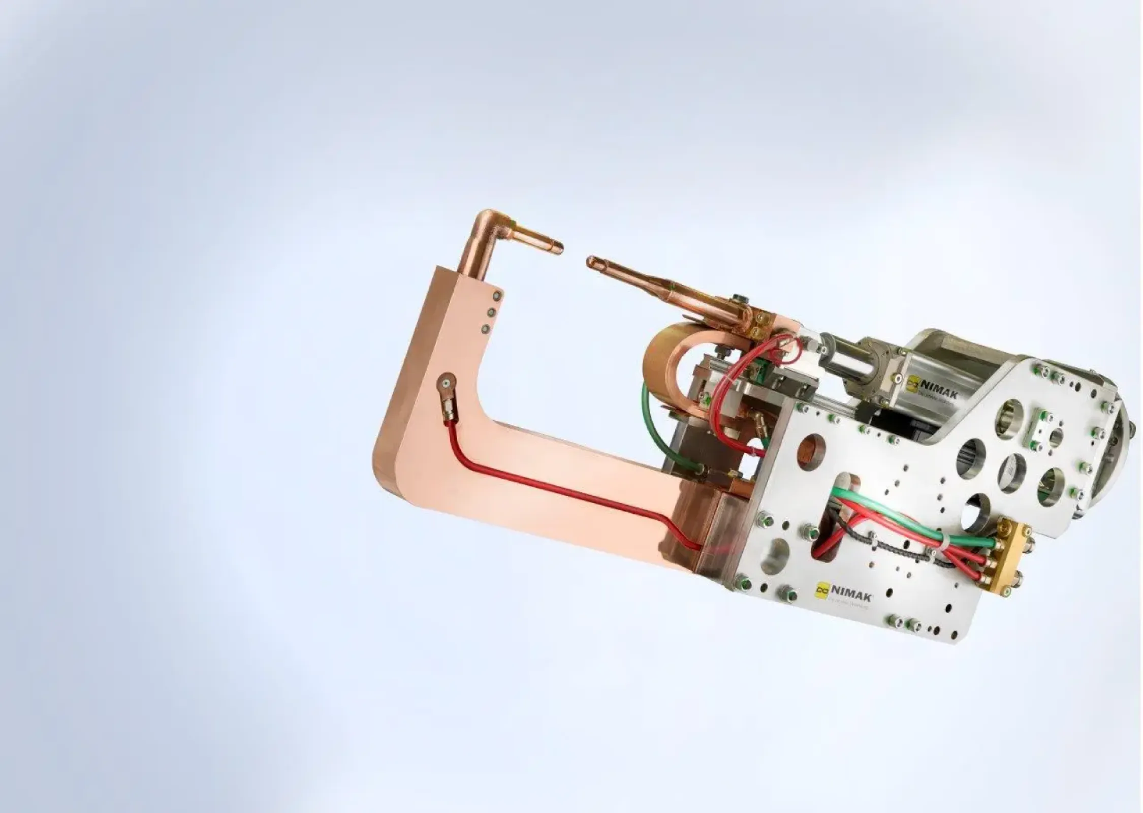 NIMAK UniversalGUN  The universalGUN is the next generation of welding guns and combines over 60 years of experience in resistance welding in a consistently modular concept.   Thanks to its intelligent design with a significantly reduced number of parts, it is a powerful and future-proof alternative to classic robot welding guns.   The universalGUN impresses with its rigidity, low weight and optimum accessibility – ideal for modern, highly dynamic robotic welding applications.   Thanks to its high rigidity and low deflection, the universalGUN is ideally suited for welding applications involving high-strength sheet metal and hot formers with Al-Si coatings.