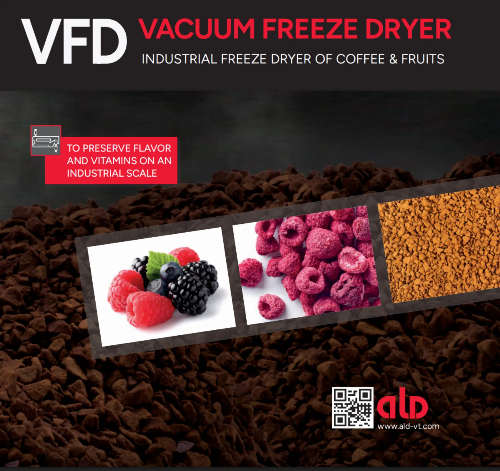 Flavor and vitamin-preserving freeze-drying of coffee and fruit on an industrial scale. Excellent product quality with maximum flavor and vitamin preservation through precise measurement and control of important process parameters, such as pressure and temperature, as well as the use of contact heating that is gentle on the raw materials.