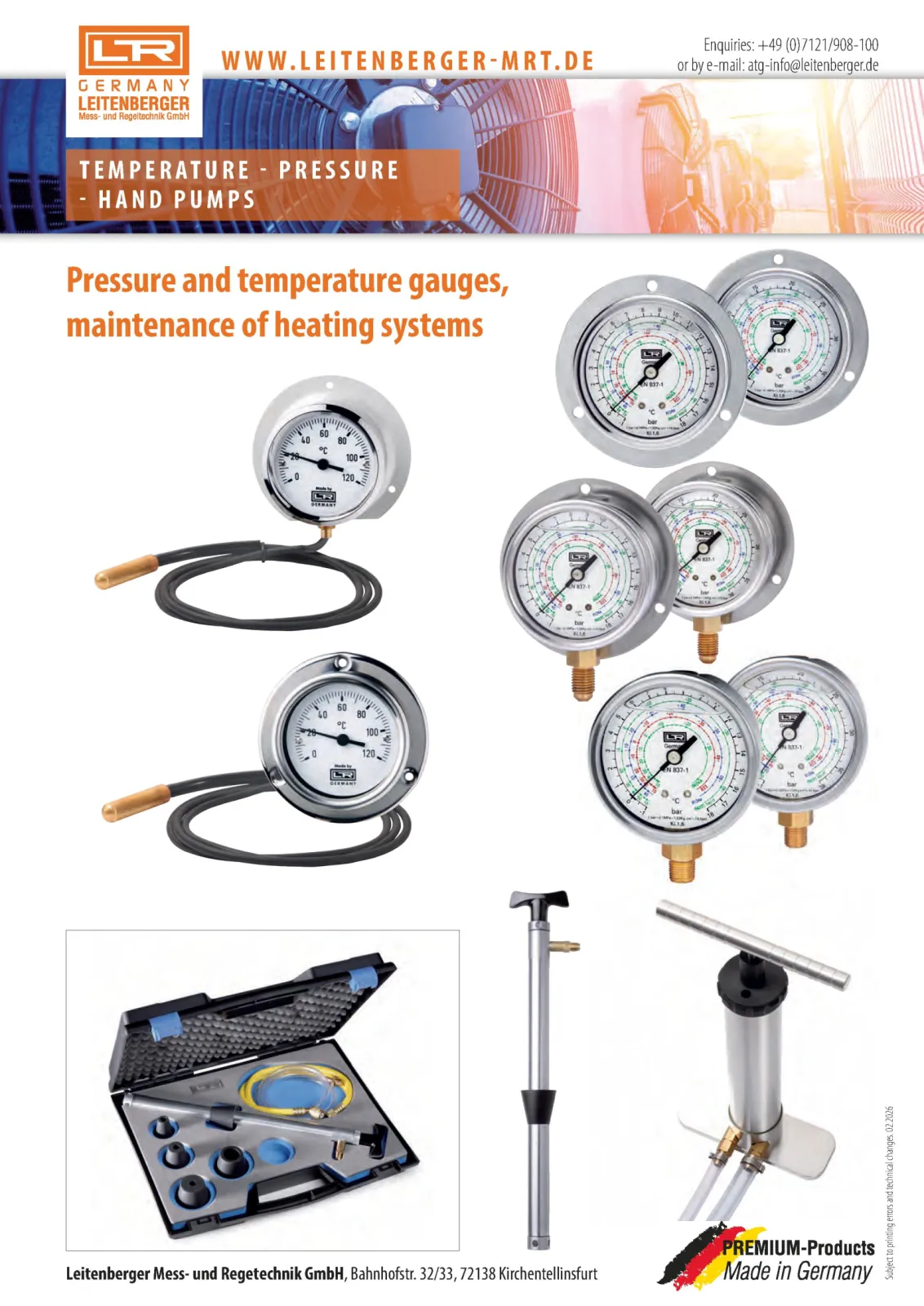 Pressure, temperature gauges and hand pumps