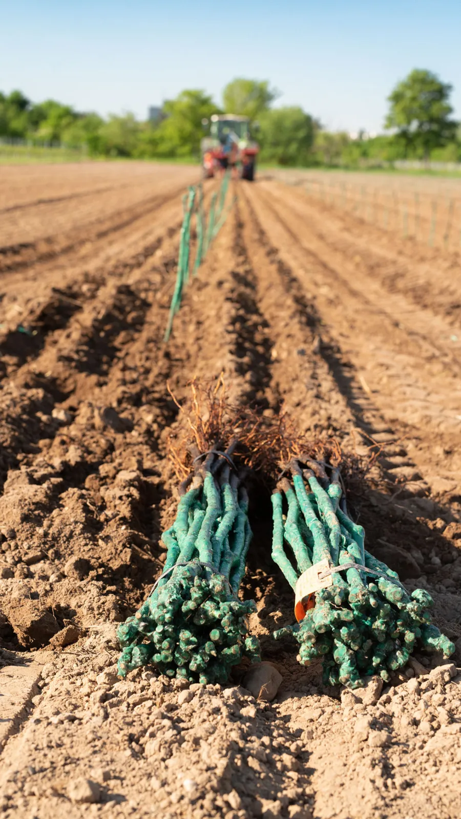 A row of vines planted using a satellite-guided planting machine