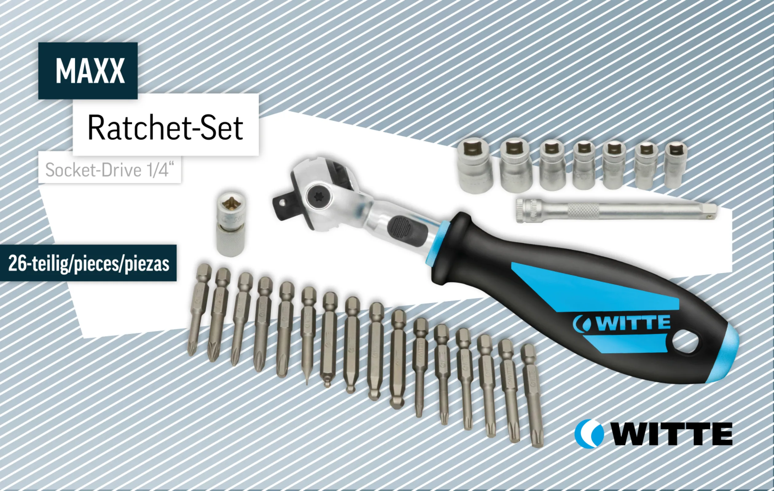MAXX Ratchet 1/4" Set - 26 pcs. with nuts and bits 50 nn long, extension and adapter for bits