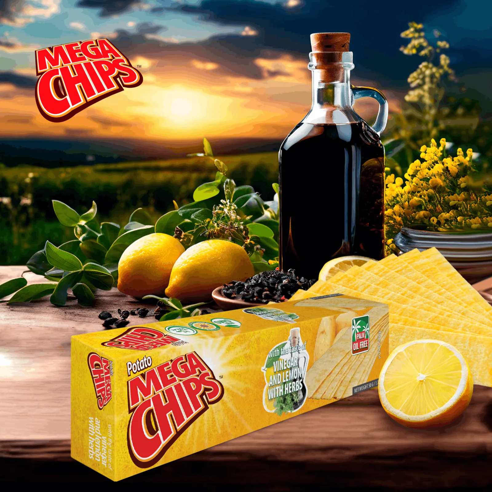 Potato Mega Chips with the taste of Vinegar and Lemon with Herbs