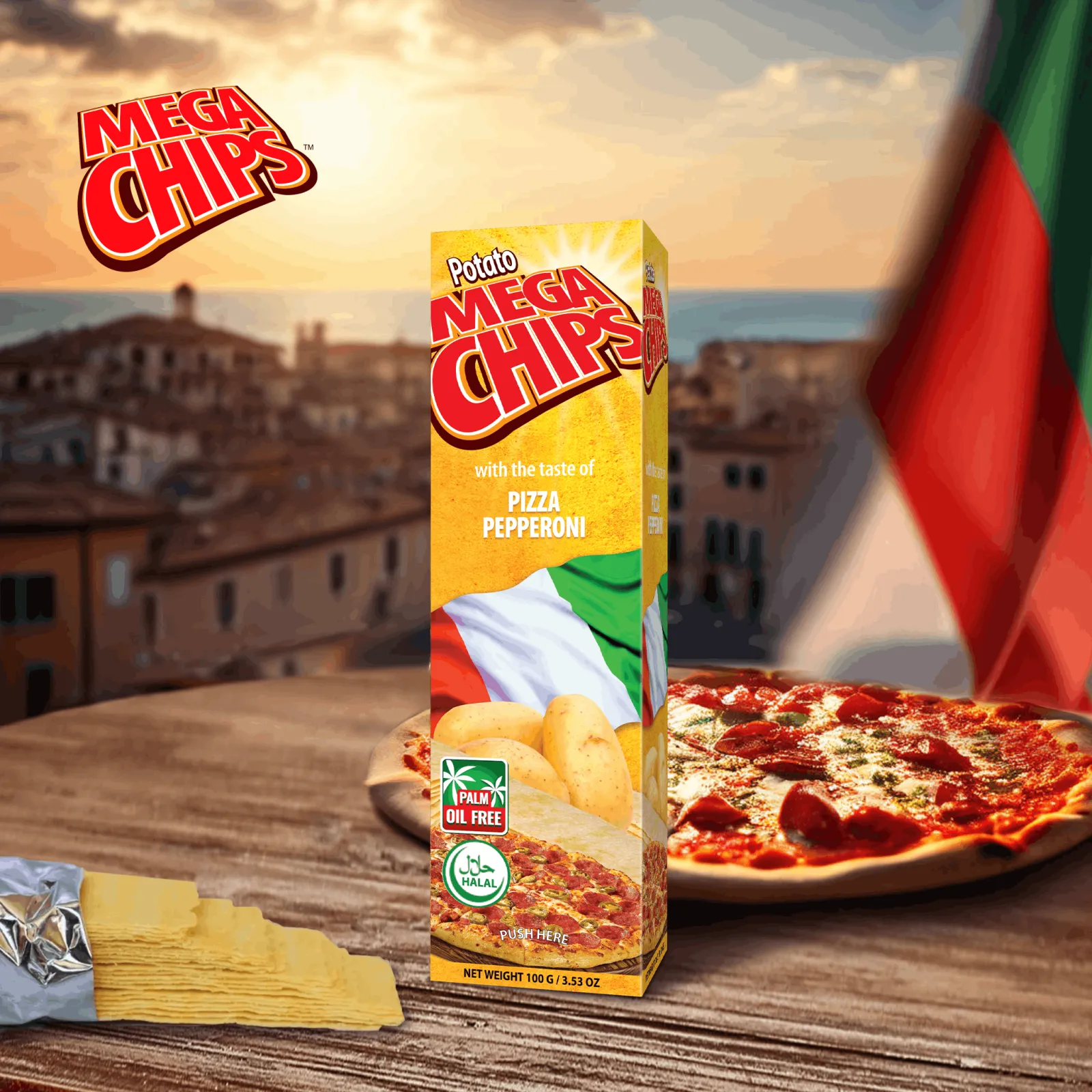 Potato Mega Chips with the taste of Pizza Pepperoni