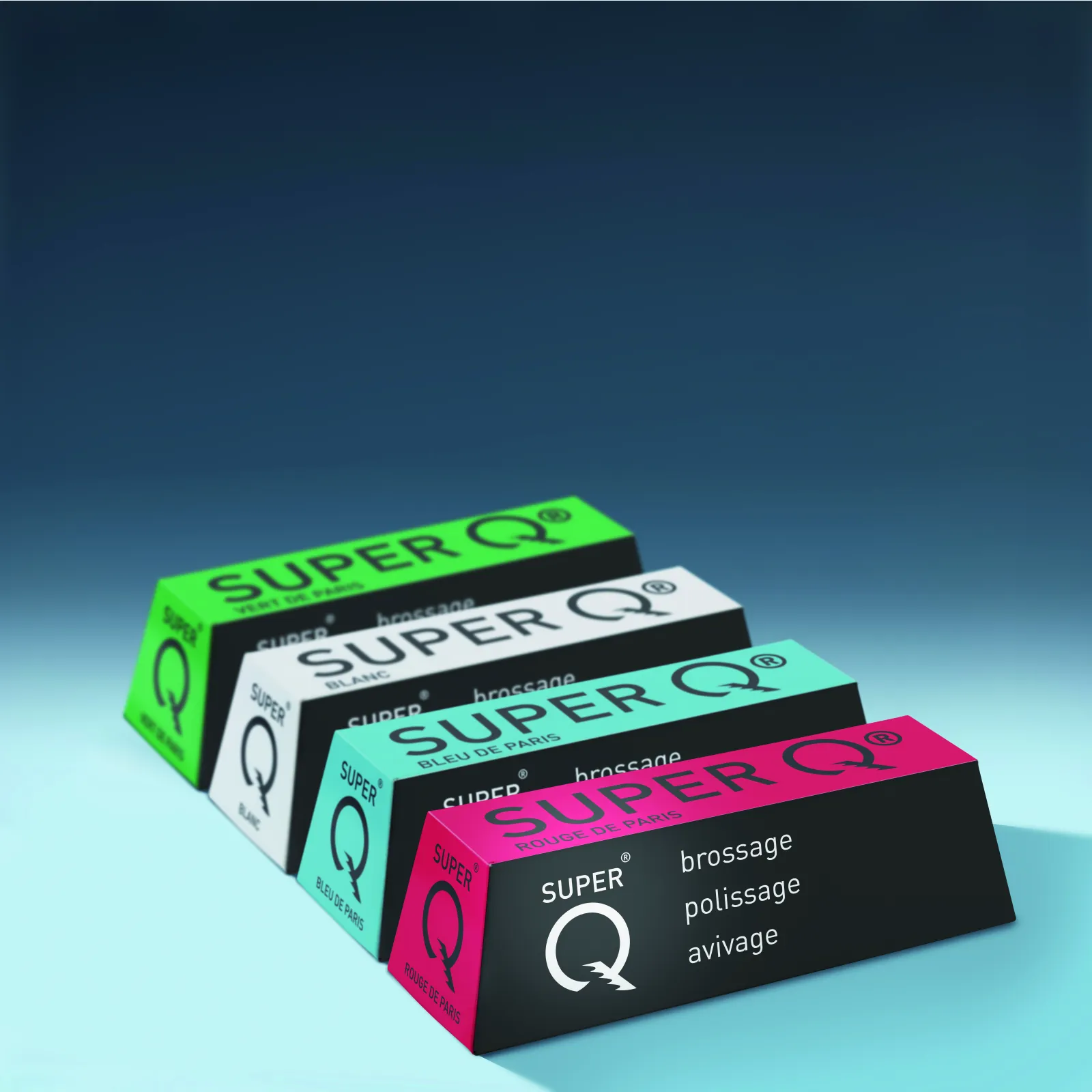 NIQUA SUPER Q 系列多种抛光膏，采用颜色区分的标志性包装。适用于从预抛光到高光抛光的各类珠宝材料加工。