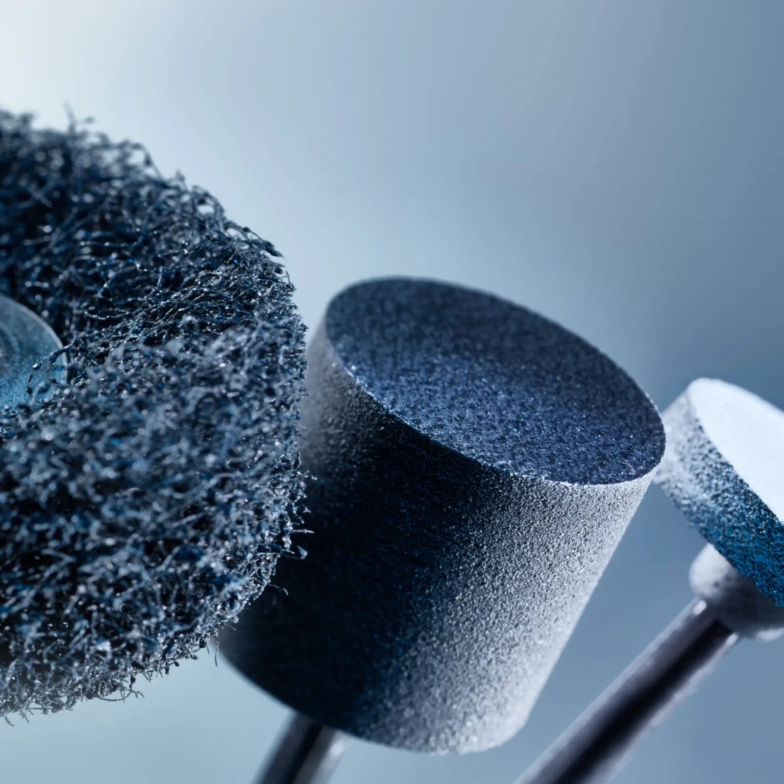 Close-up of polishers and abrasive tools highlighting surface textures and shapes. Designed for efficient material removal, smoothing and high-quality finishing in jewellery polishing.
