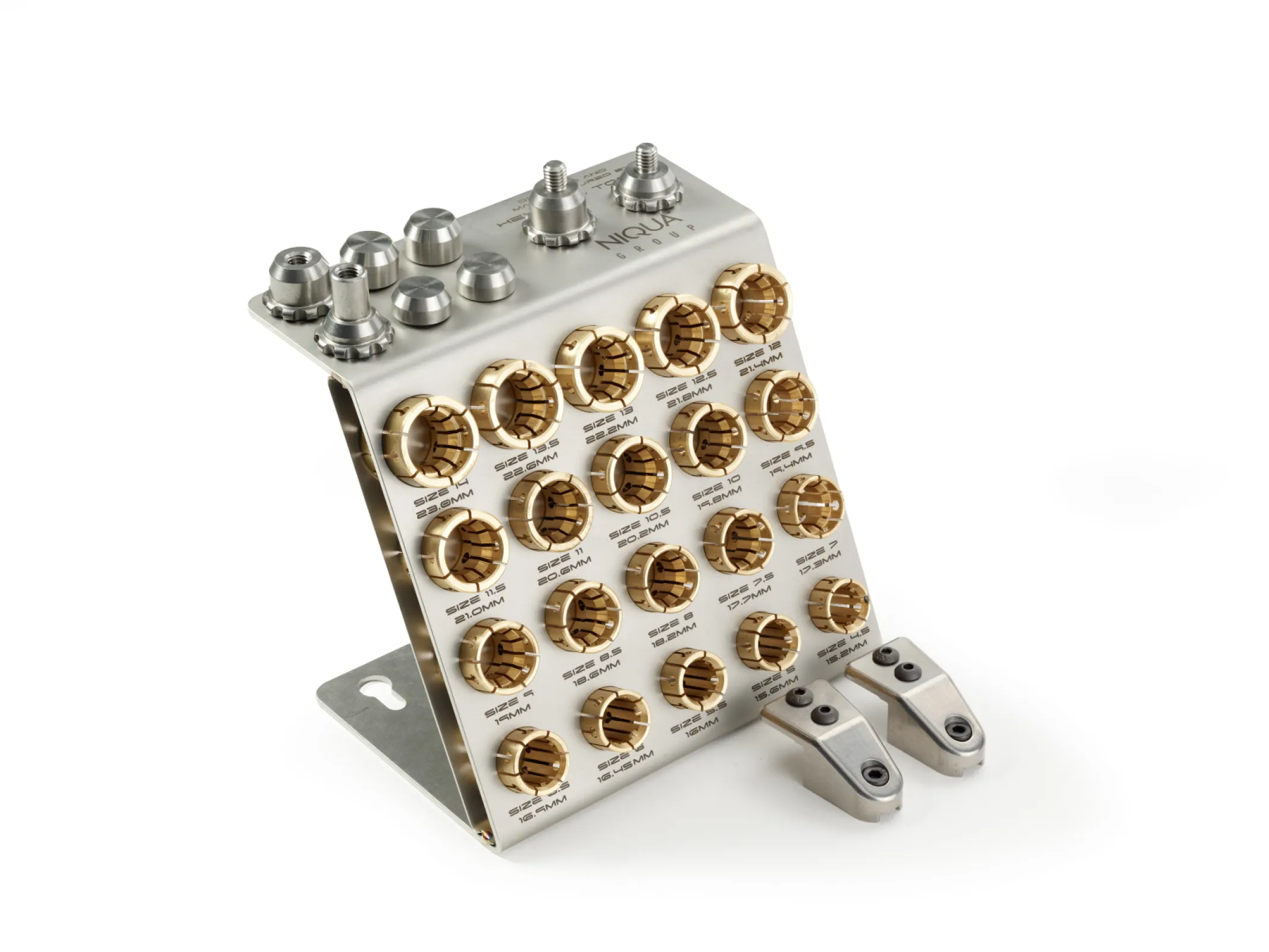 Precision ring holding system with interchangeable collets ensures secure grip, perfect alignment, and maximum control for professional stone setting.