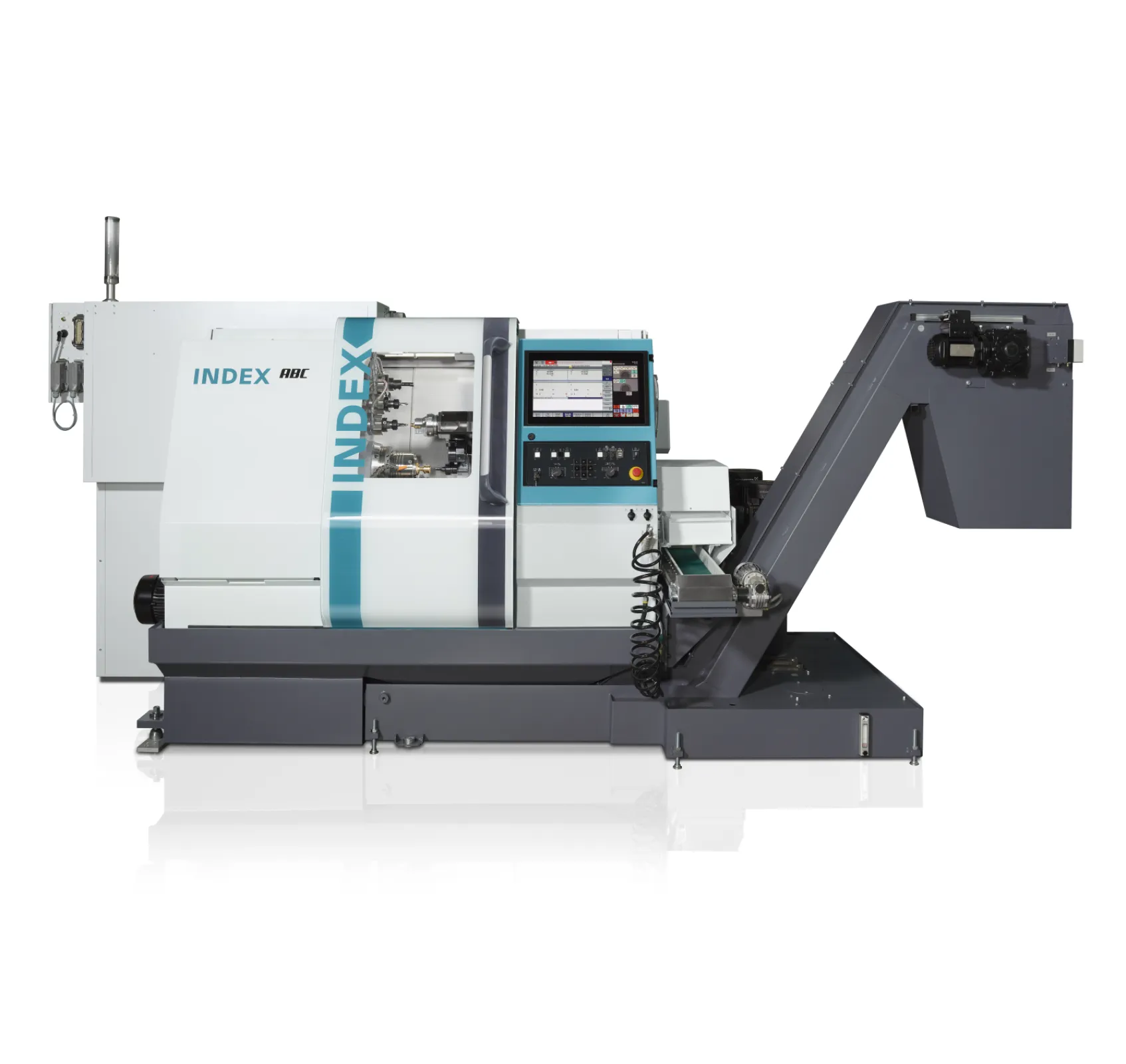 INDEX ABC – highly dynamic production turning machine for cost-effective bar machining up to 65 mm. Compact footprint, simultaneous machining with up to three tools and up to 19 tool stations for complete machining in one setup.