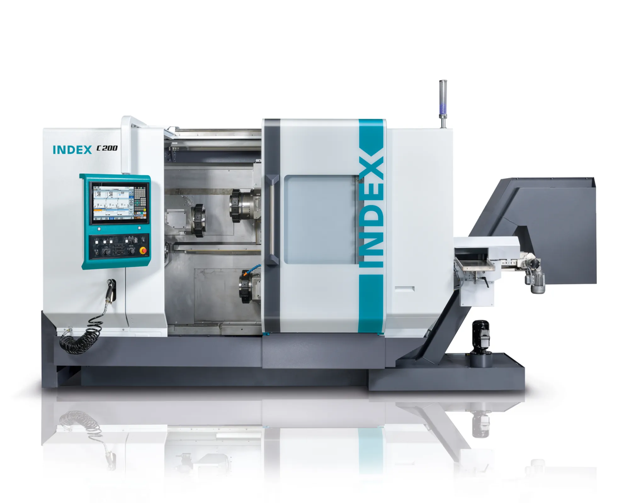 Automatic production turning machine for faster machining of bar stock and complex workpieces. Simultaneous machining with 2 or 3 turrets, excellent dynamics with INDEX SingleSlide, and iXpanel i4.0-ready control for maximum productivity.