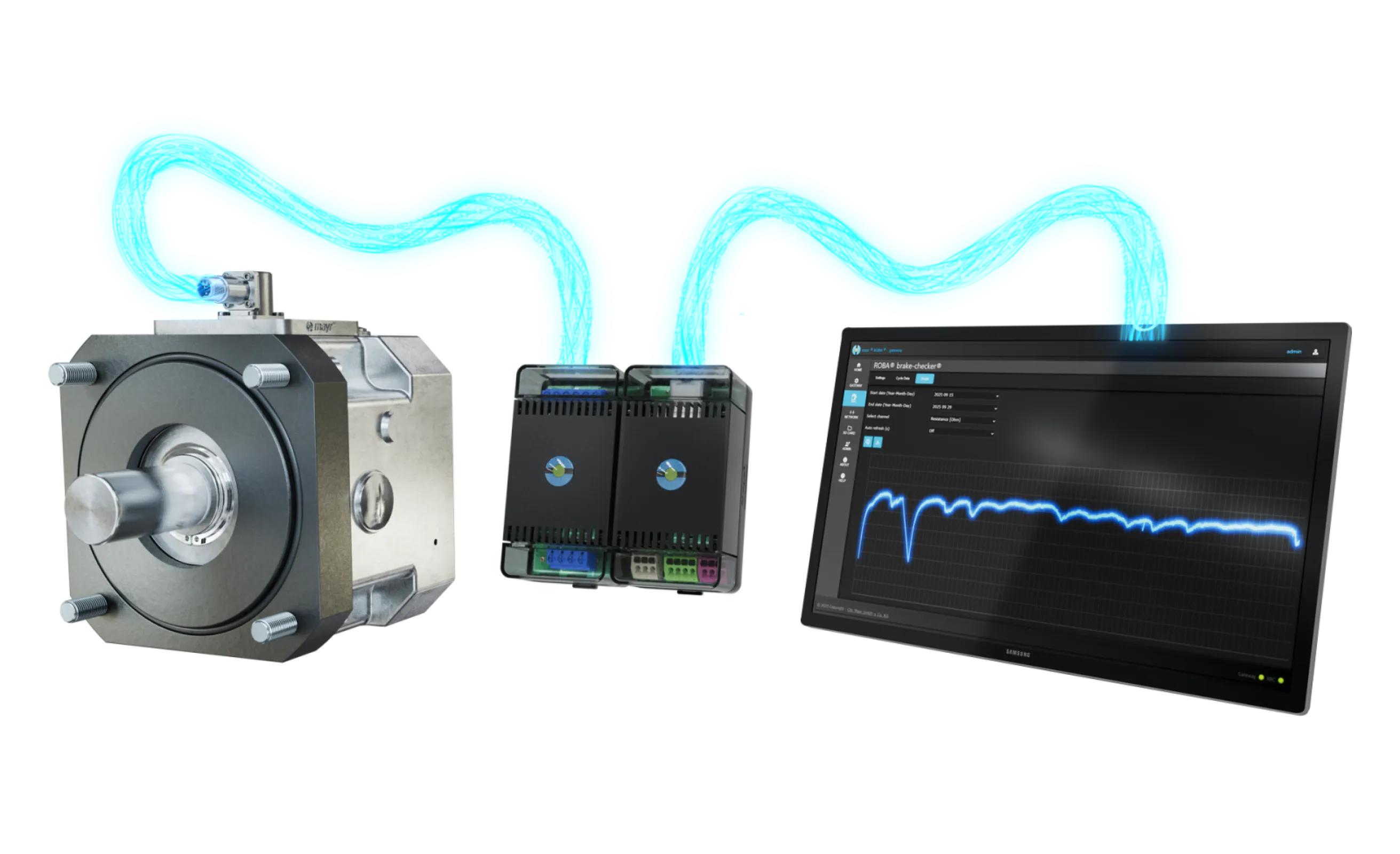 Sensorless monitoring: data for smart production. With the ROBA® brake-checker® & the IoT gateway ROBA® gateway, you continuously monitor your safety brakes. Recorded condition data is processed locally & transmitted via Ethernet to higher-level systems Sensorless monitoring: data for smart production. With the ROBA® brake-checker® & the IoT gateway ROBA® gateway, you continuously monitor your safety brakes. Recorded condition data is processed locally & transmitted via Ethernet to higher-level systems