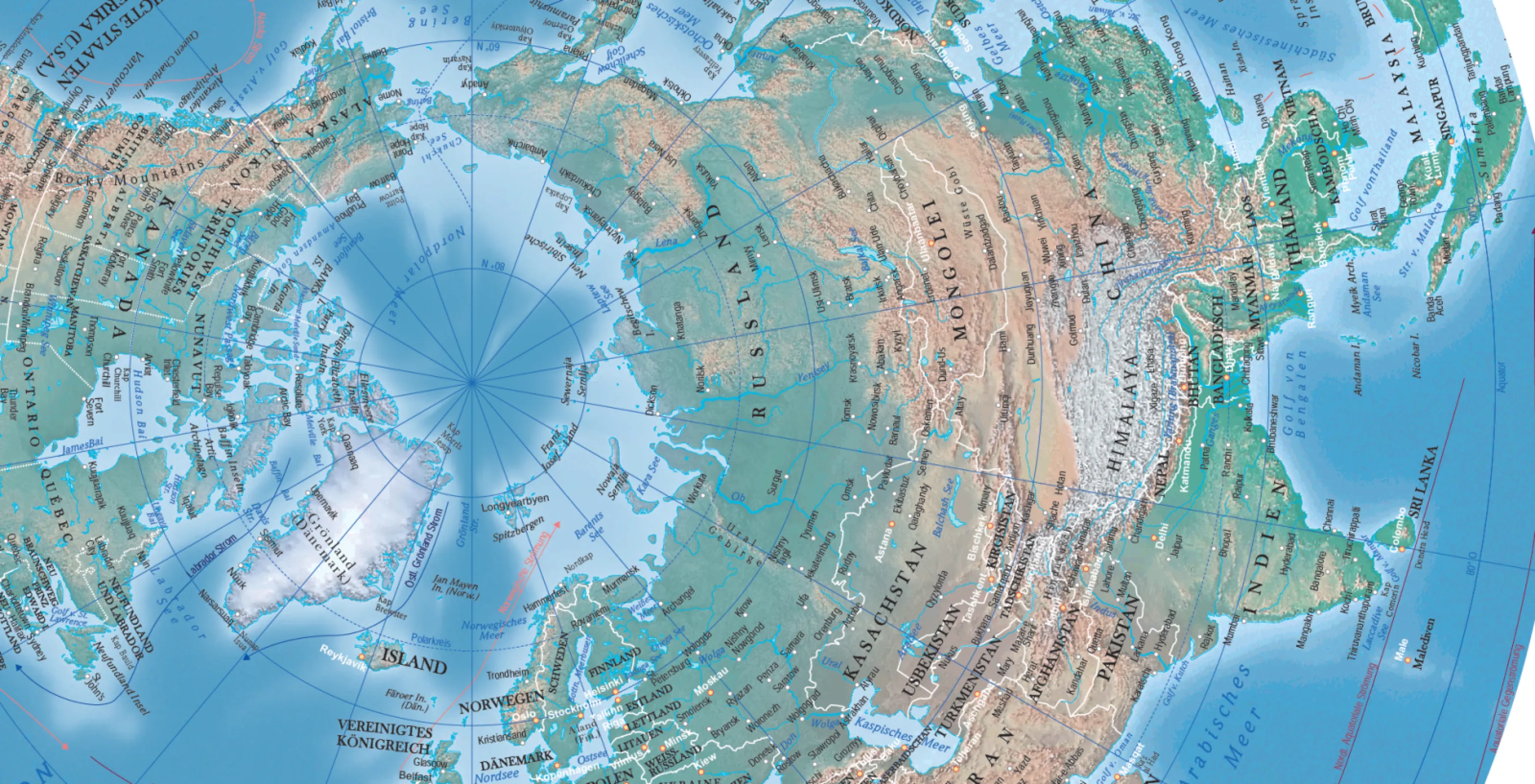 Physical map for a globe