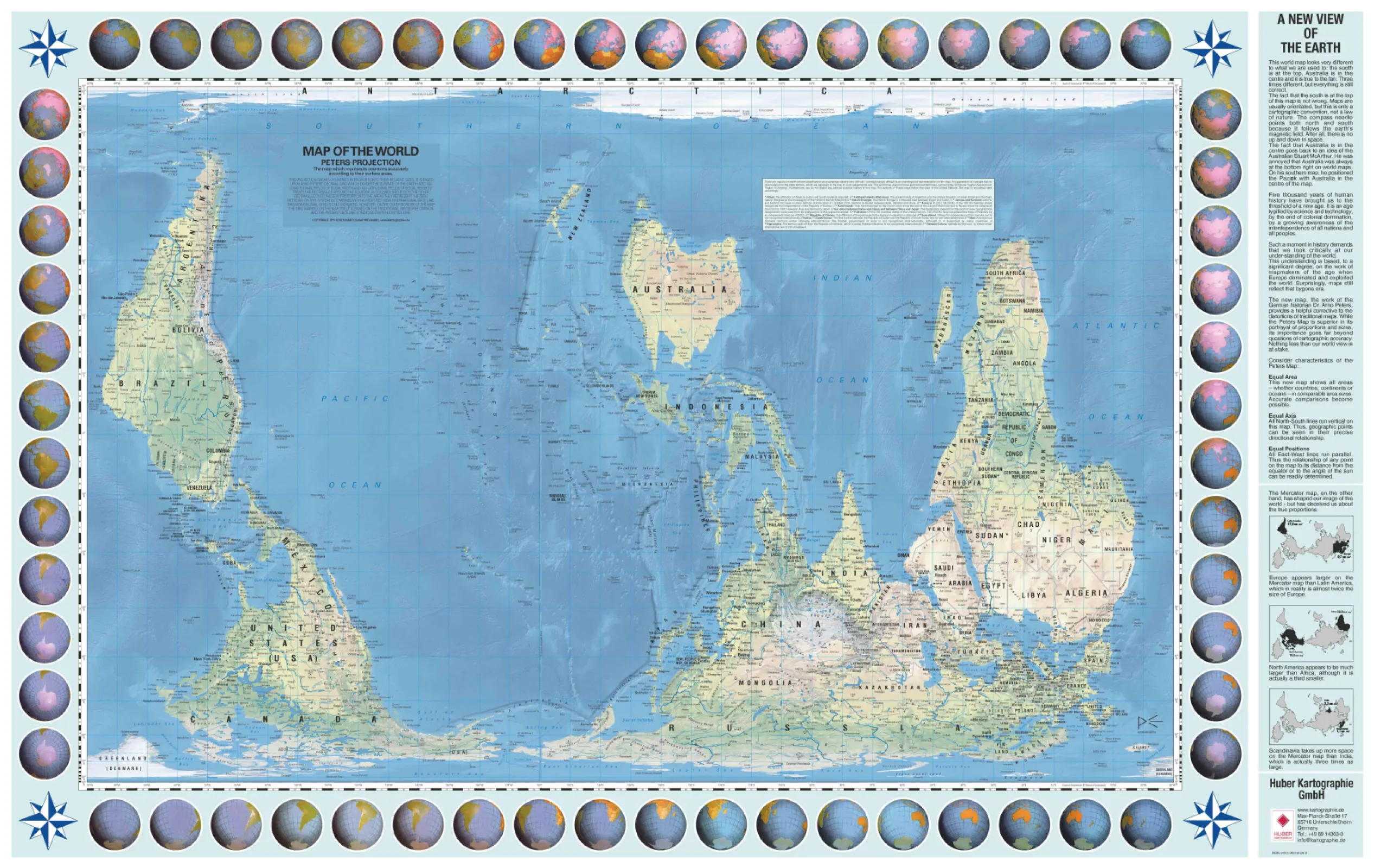 Mapa físico del mundo, orientado hacia el sur, en la proyección de Peters Mapa físico del mundo, orientado hacia el sur, en la proyección de Peters
