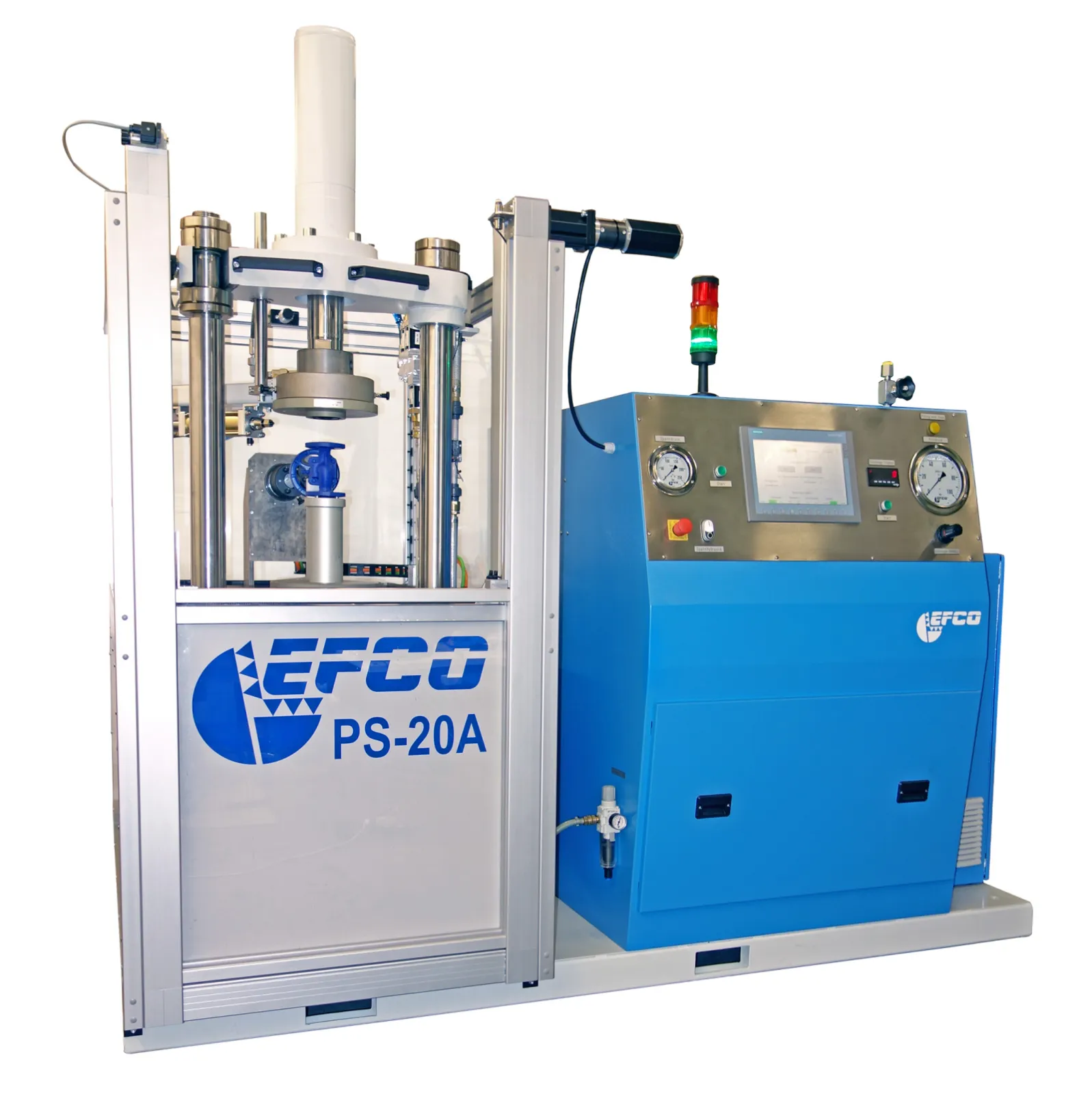EFCO PS-20A automated valve test bench for safe and efficient pressure testing of industrial valves. Compact design with digital control unit and automatic stamping unit.