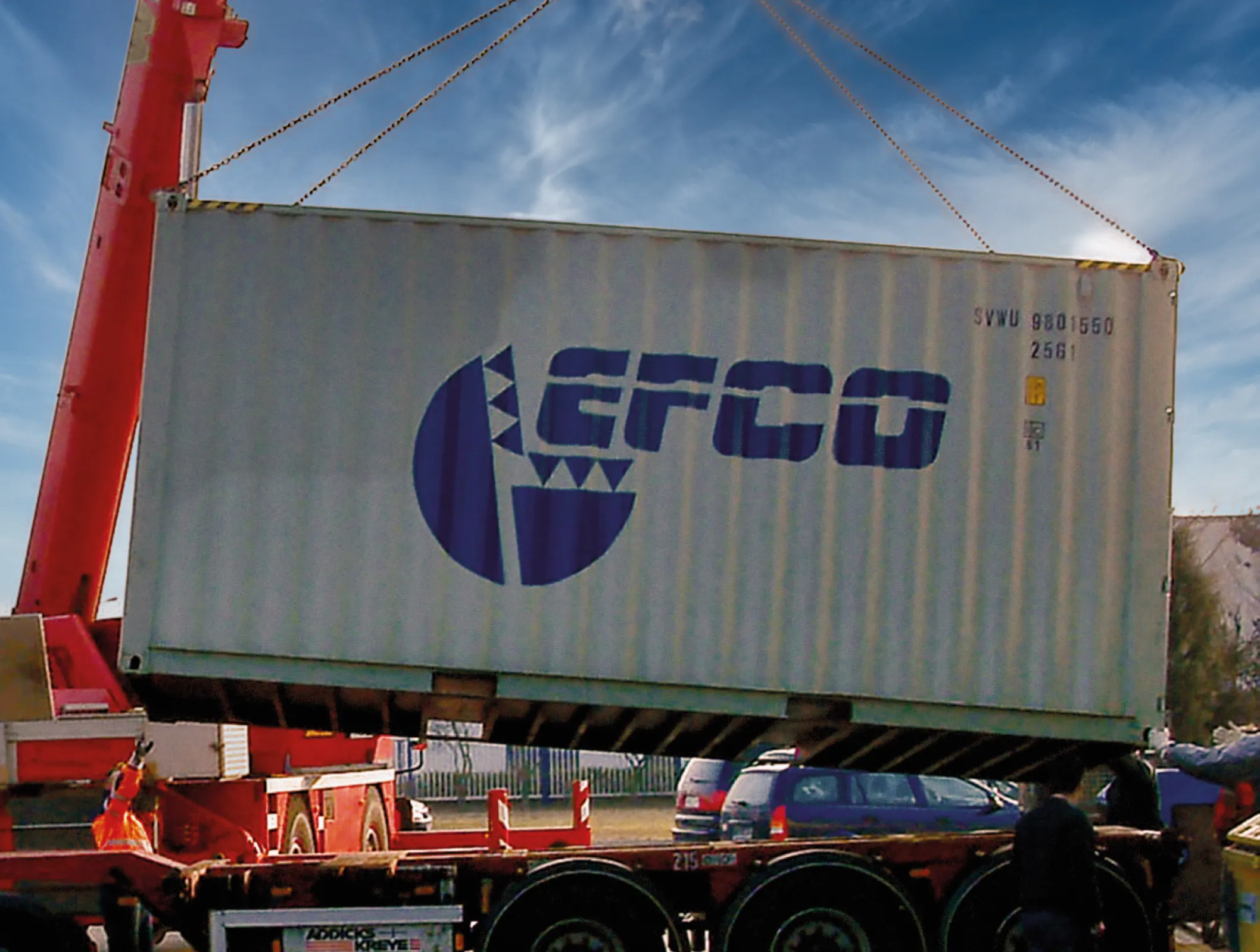 EFCO Mobile Workshop Container being loaded by crane for mobile valve service and on-site machining operations.