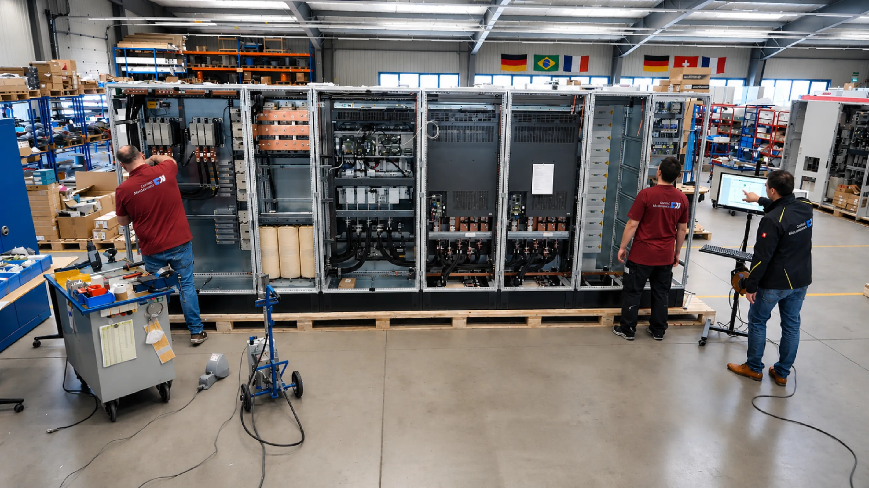 Inside the production facility with low-voltage distribution and control systems under construction – combining power distribution and automation in an integrated manufacturing process.