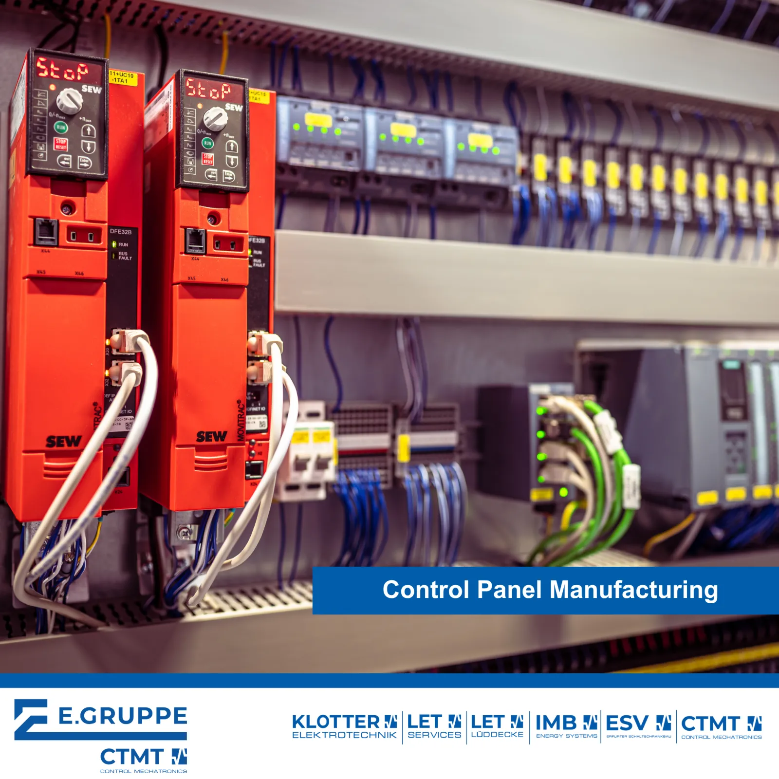 Control panel in operation with integrated control voltage distribution, frequency drives and PLC control for industrial manufacturing applications – engineered and manufactured by CTMT (example image) Control panel in operation with integrated control voltage distribution, frequency drives and PLC control for industrial manufacturing applications – engineered and manufactured by CTMT (example image)
