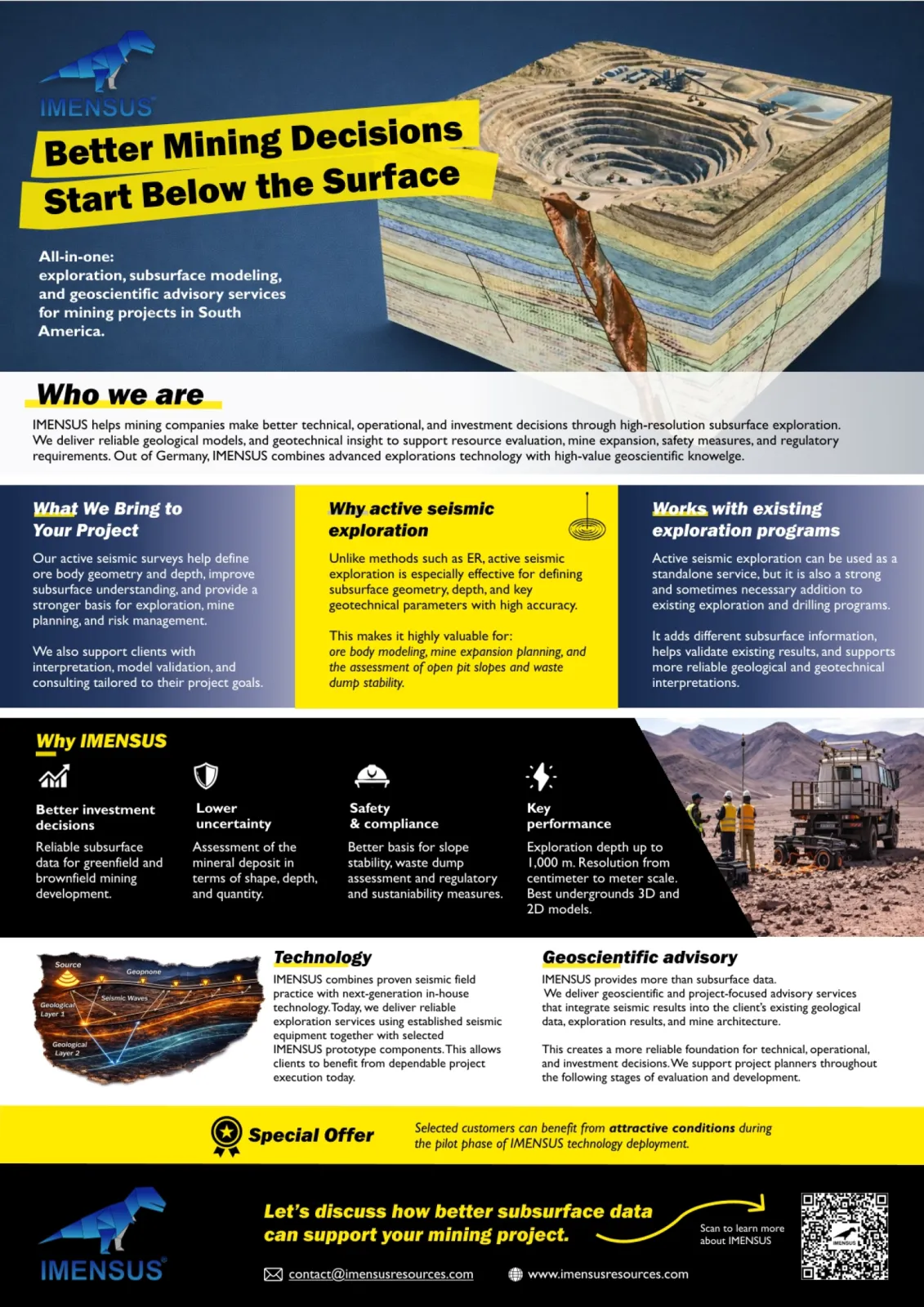 Flyer introducing IMENSUS’ mining exploration services, combining active seismic surveys, subsurface modeling and geoscientific advisory to support ore body modeling, mine planning, risk reduction and better investment decisions.
