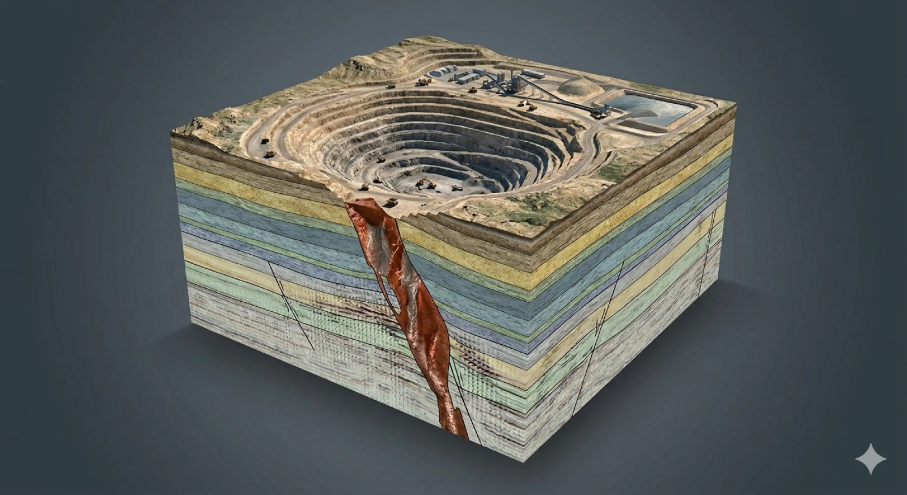Visual representation of an open-pit mine with layered subsurface geology, illustrating how IMENSUS supports mining projects with deeper subsurface insight for exploration, planning and better technical decisions.