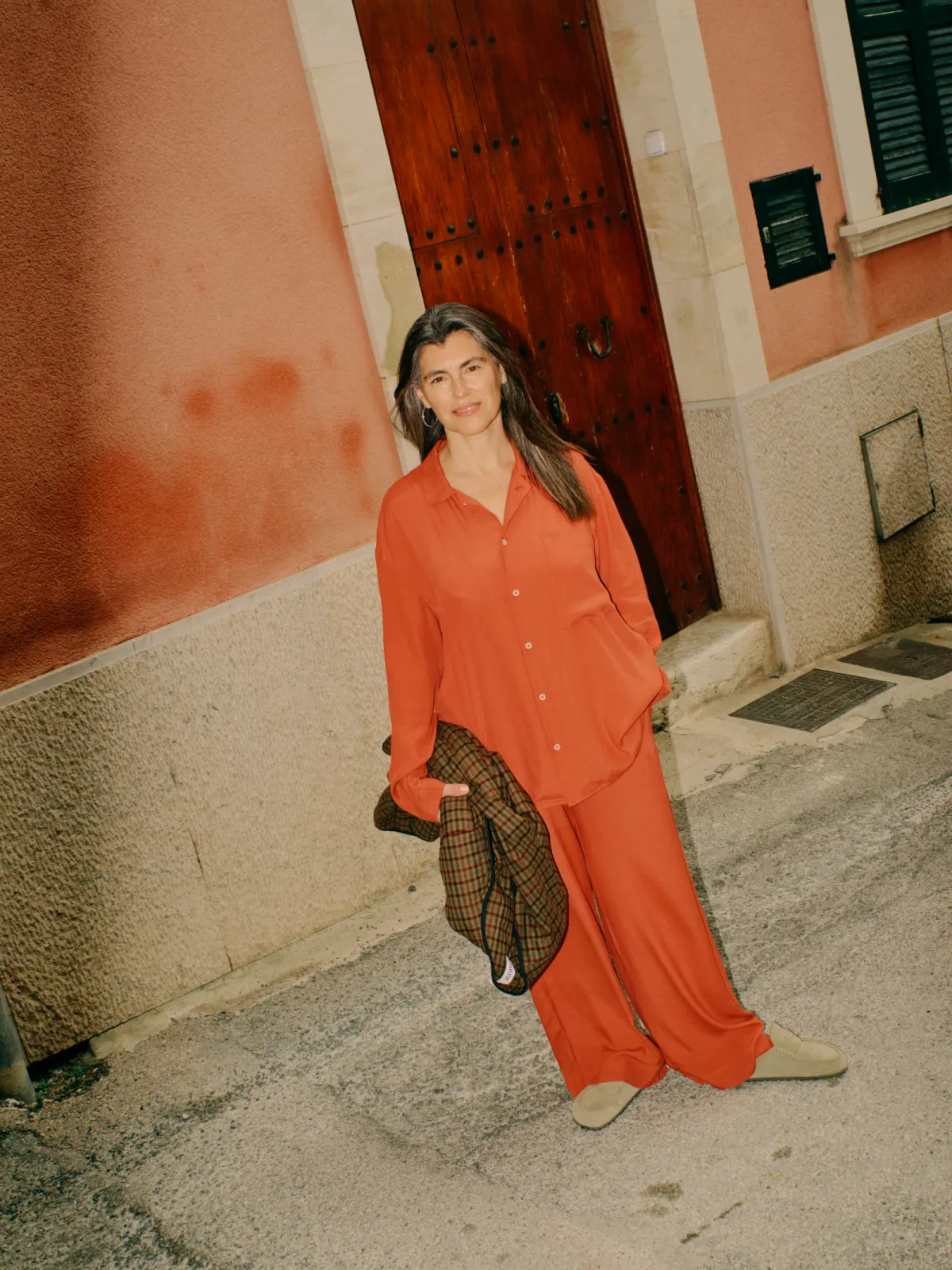 Elegant Viscose Pyjama with Wide-Leg Pants in Terracotta