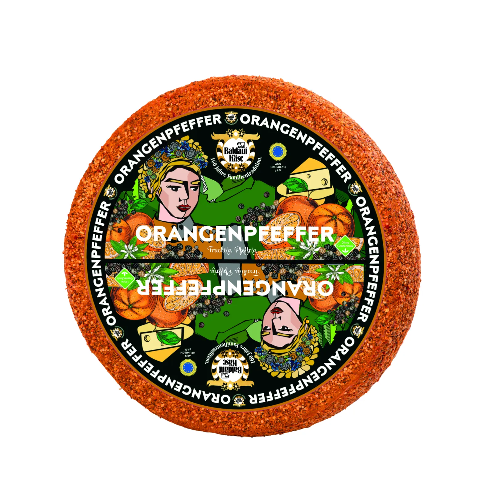 Baldauf Orangenpfeffer - Semi-hard cheese made from premium Allgäu hay milk (PGI), refined with orange pepper.