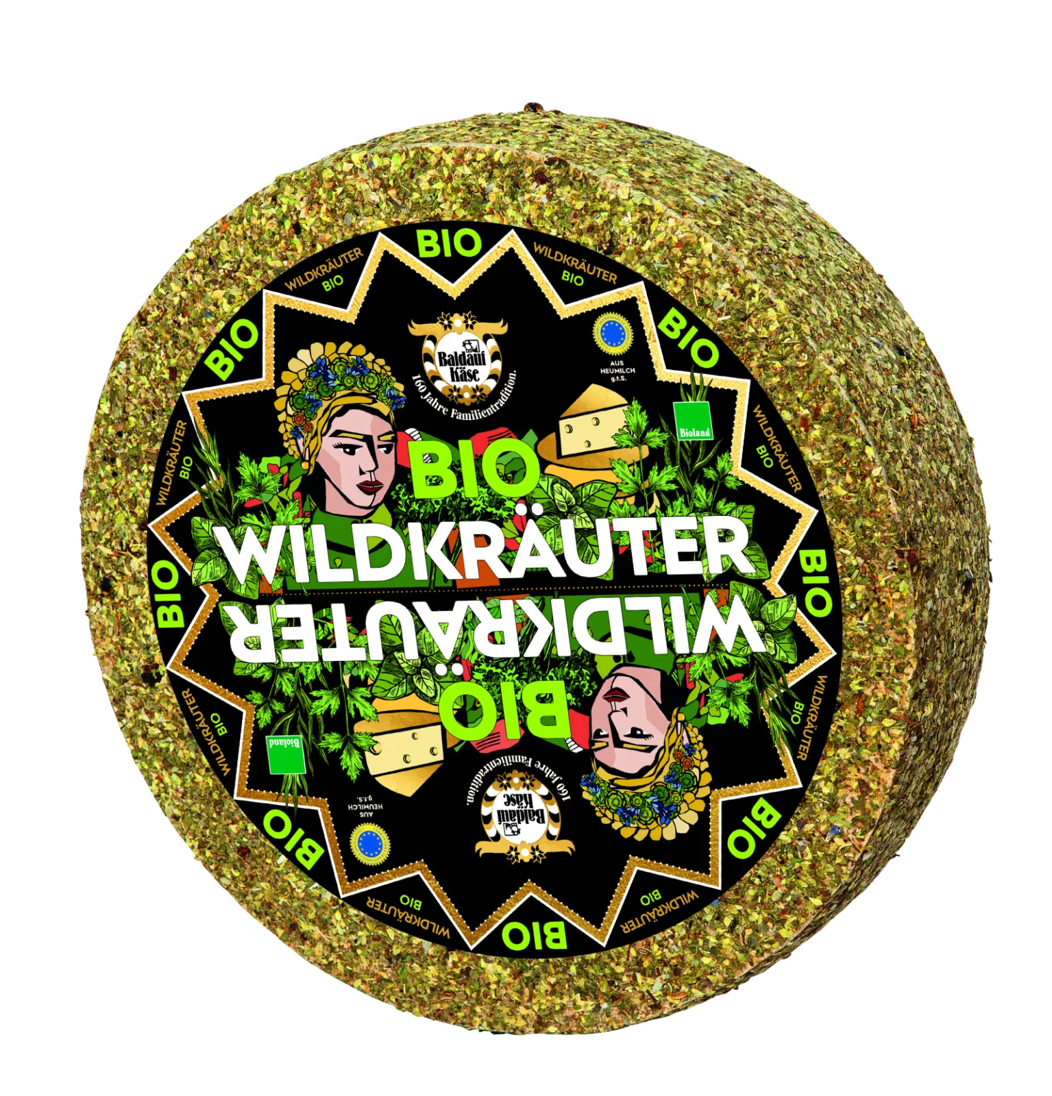 Baldauf Organic Wild Herbs – semi-hard cheese made from hay milk (PGI), matured with a delicate wild herb coating.