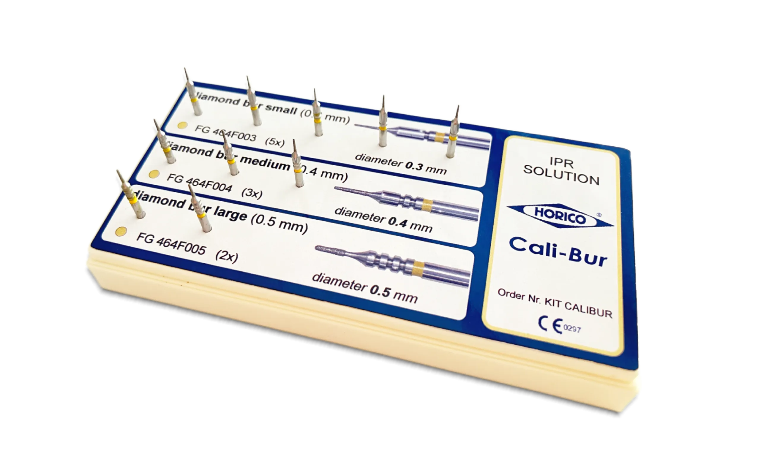 KIT Cali-Bur is a diamond bur kit for fast, precise interproximal enamel reduction (IPR) in orthodontics. Available in three diameters (0.3, 0.4, and 0.5 mm), the slim burs enable controlled, minimally invasive space creation with high clinical precision. KIT Cali-Bur is a diamond bur kit for fast, precise interproximal enamel reduction (IPR) in orthodontics. Available in three diameters (0.3, 0.4, and 0.5 mm), the slim burs enable controlled, minimally invasive space creation with high clinical precision.