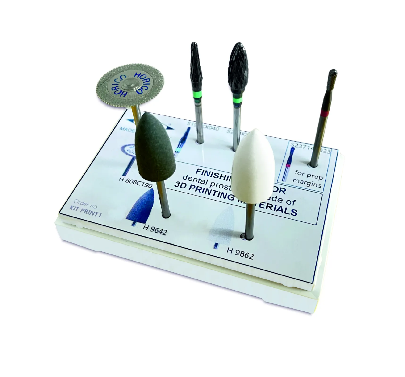 KIT PRINT1: Rotary instrument kit for efficient finishing and polishing of 3D-printed dental restorations. Selected instruments enable precise contouring, smooth surfaces, and esthetic results while supporting an efficient workflow.