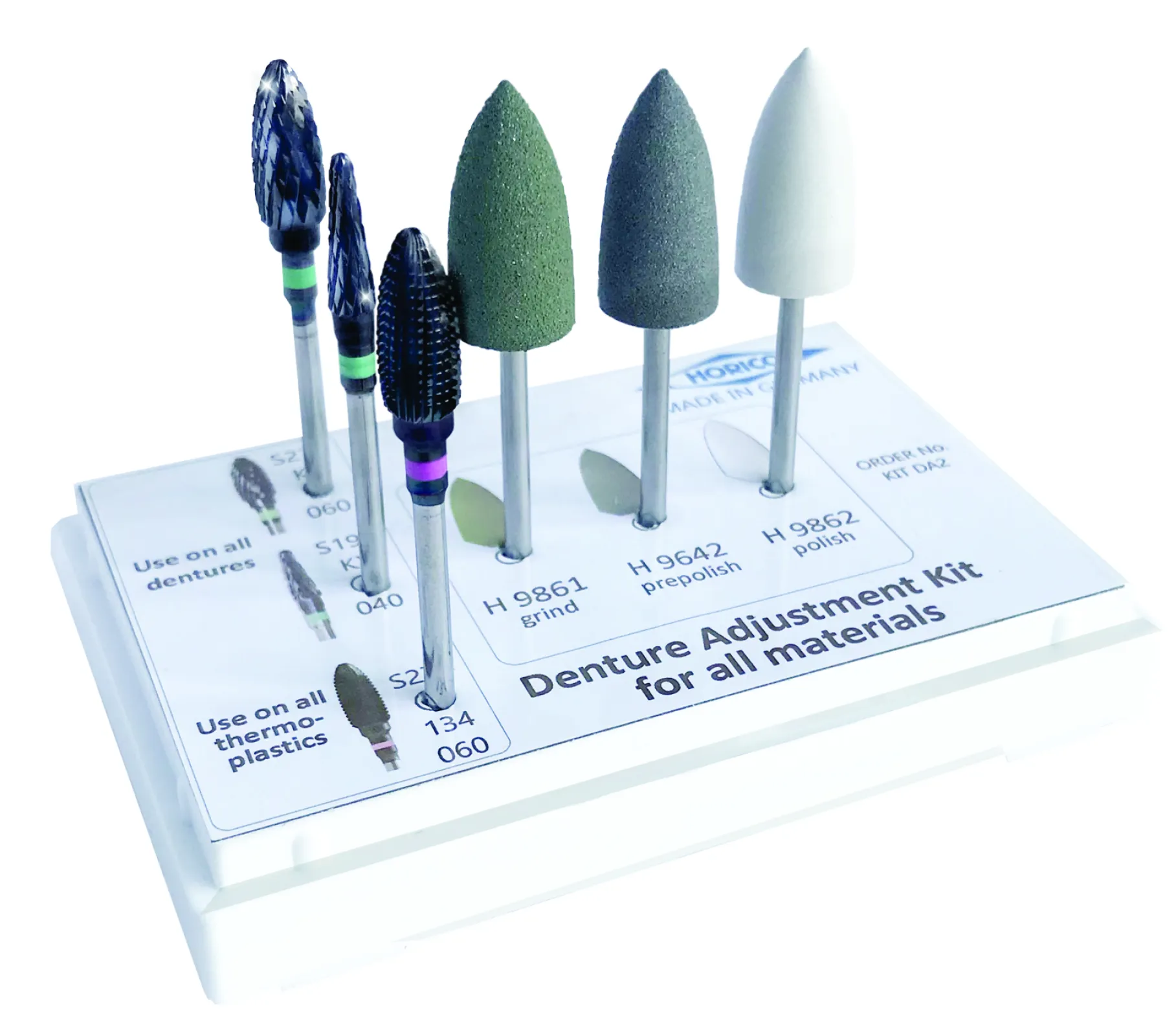 KIT DA2: Next-generation denture finishing kit with enhanced burs for faster processing. Suitable for all denture resins, including hard acrylics and thermoplastics. Black-coated carbide cutters provide greater durability and cutting efficiency.