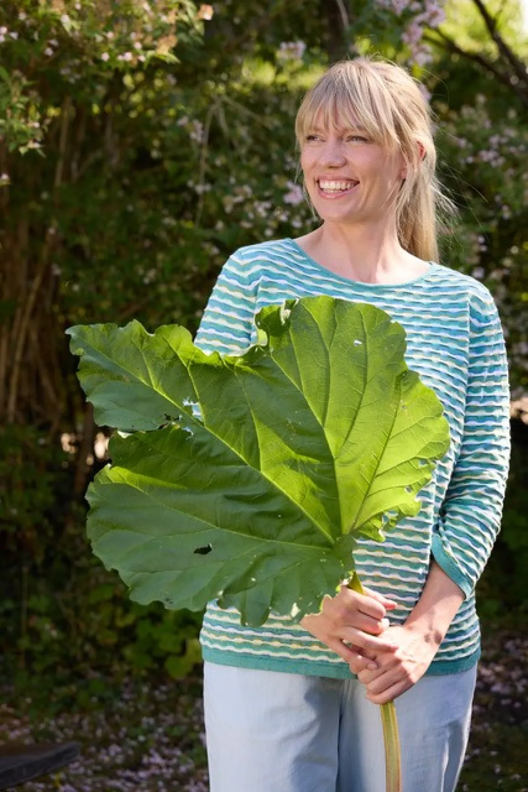 Himalaya Sub-label FRISTED by charlotte mansted: Gotcha has a wavy pattern with structure, and is photographed with a giant rhubarb leaf.