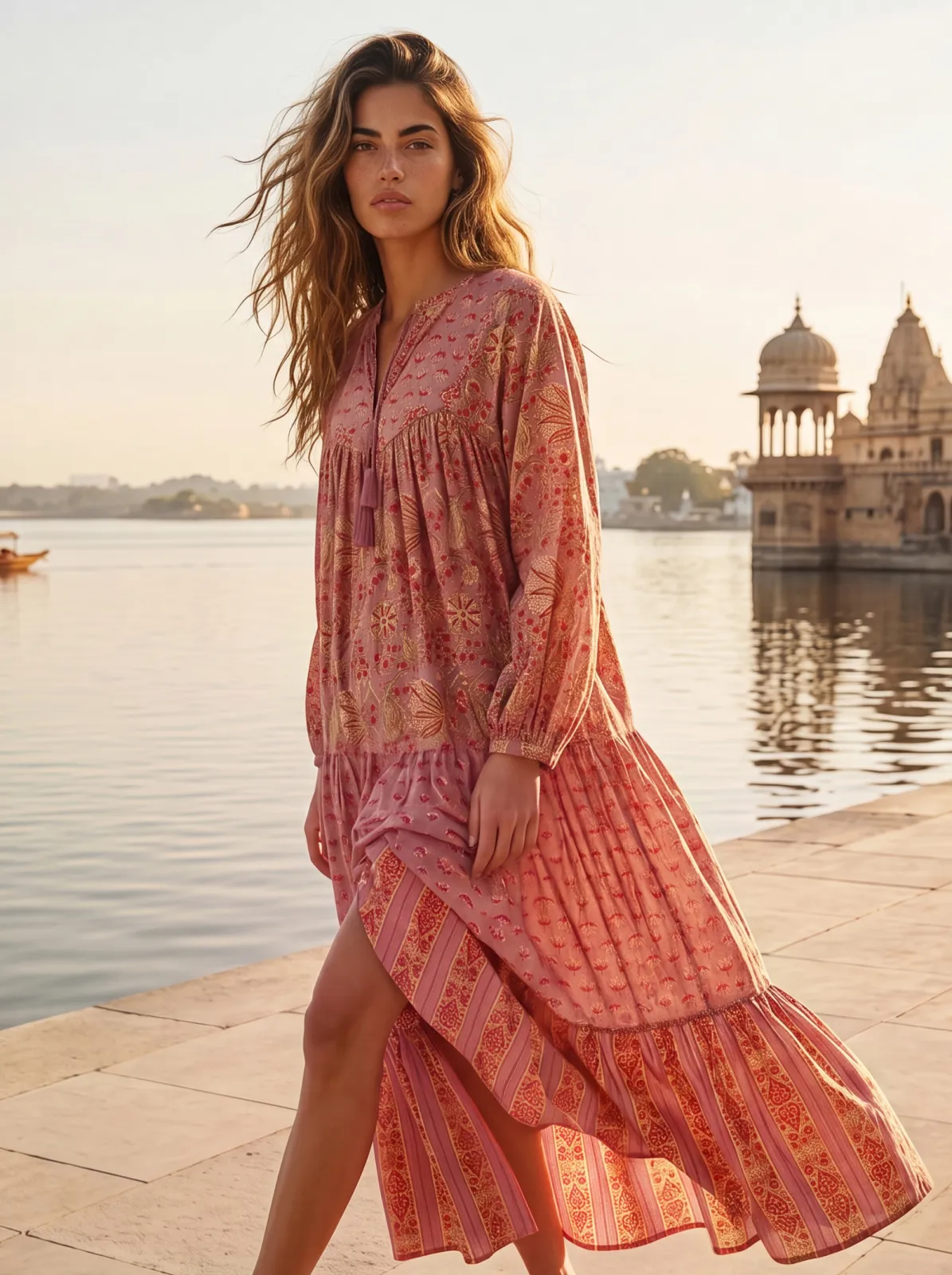 Crafted from 100% organic cotton, the Amelie dress features a flowing silhouette with softly gathered tiers and a tassel tie neckline. The intricate Bloom Ornament print and contrasting border hem add artisanal character to this feminine summer style. Crafted from 100% organic cotton, the Amelie dress features a flowing silhouette with softly gathered tiers and a tassel tie neckline. The intricate Bloom Ornament print and contrasting border hem add artisanal character to this feminine summer style.