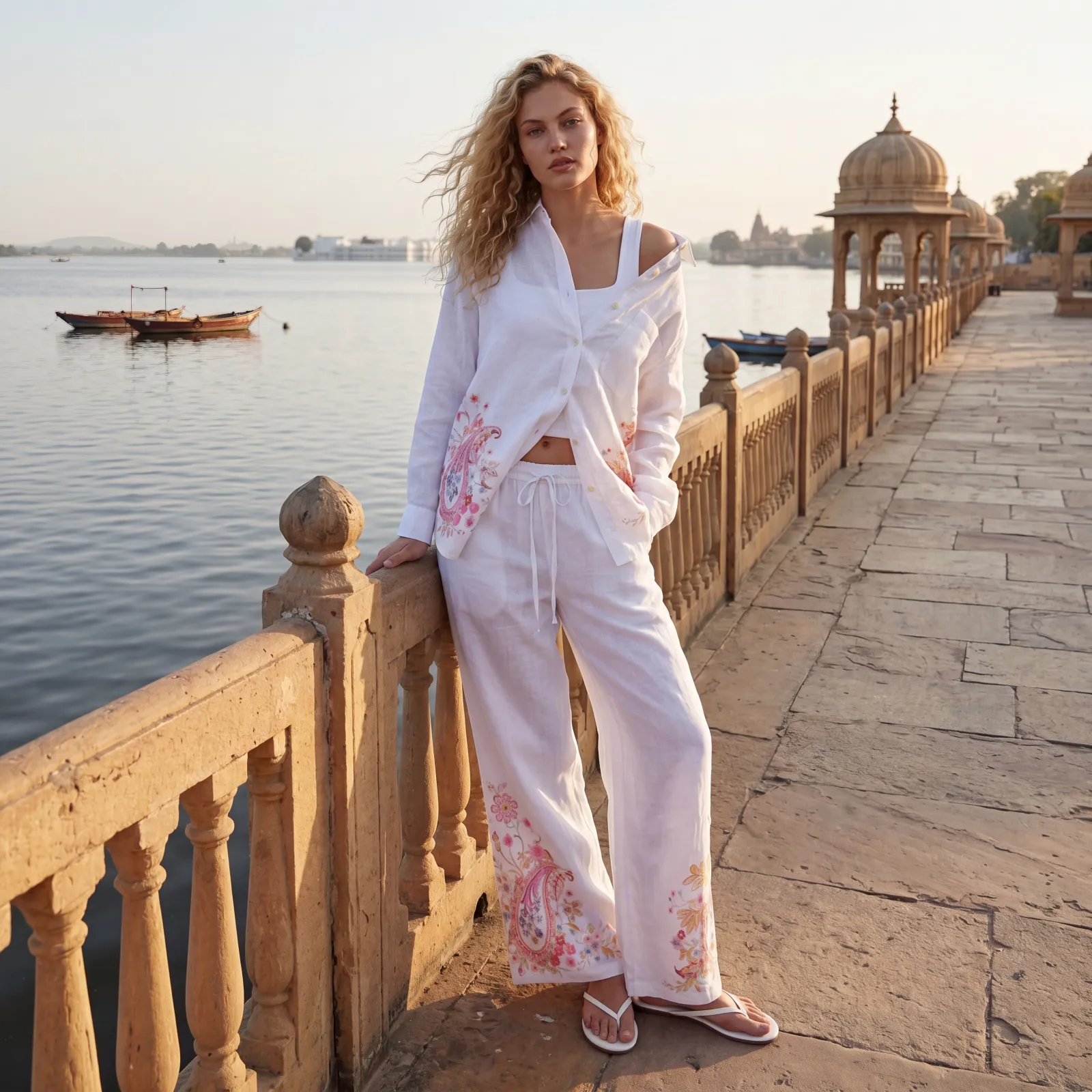Made from 100% pure linen, the Petra blouse and Dora trousers create a relaxed yet refined summer look. The breathable fabric and delicate paisley print combine natural comfort with effortless elegance.