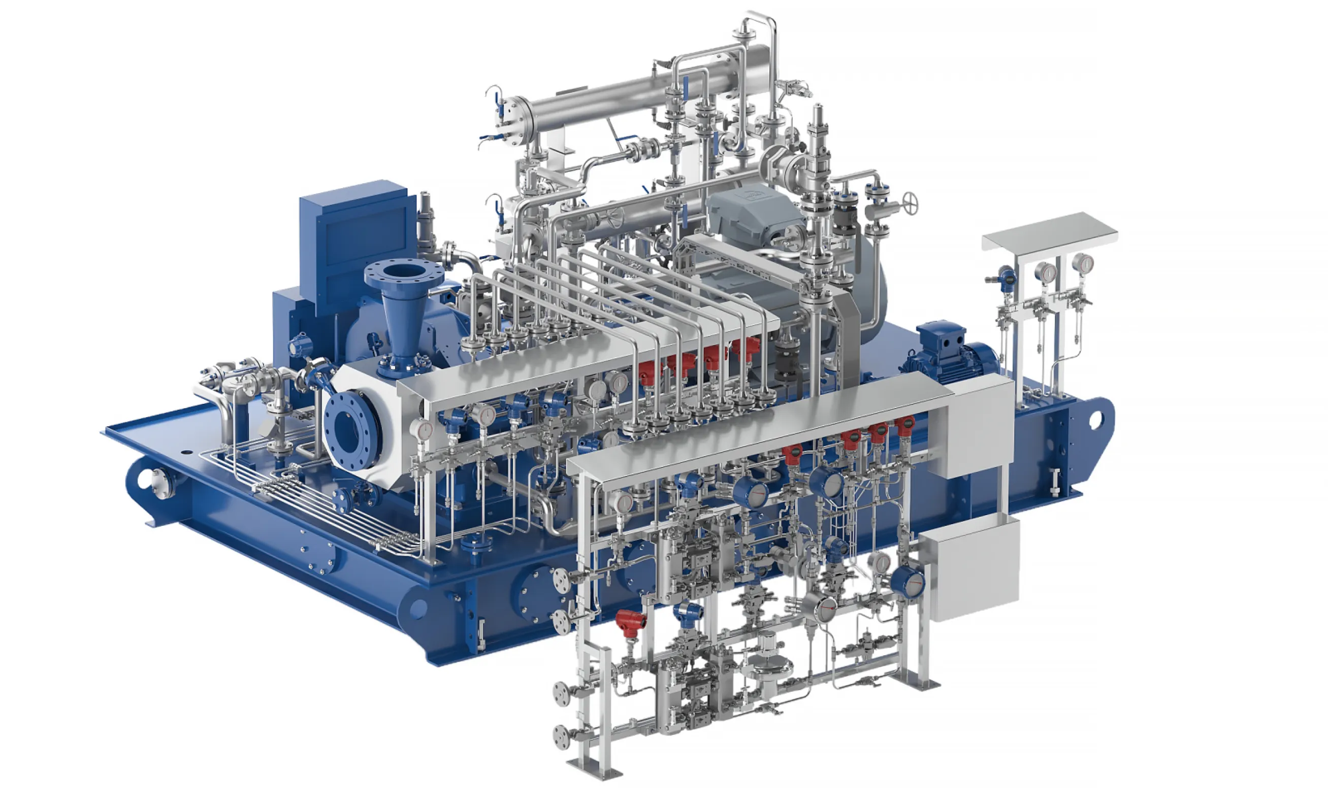 The plastic polyethylene (PE) is an extremely versatile product of the chemical industry. PE is used to make films of all kinds, beverage packaging, canisters, and even pipe jackets. The partially crystalline, nonpolar thermoplastic is divided up into different main types based on density. Through the selection of the polymerization conditions, the molecular weight, molecular weight distribution, kinetic chain length, and degree of polymerization are affected. Our F1 Series single-stage compressors are used in applications such as the licensed “Innovene G” process from Ineos for the production of linear low-density polyethylene (LLDPE). FIMA supplies the ejector boosters and the ethylene compressors for this process. The plastic polyethylene (PE) is an extremely versatile product of the chemical industry. PE is used to make films of all kinds, beverage packaging, canisters, and even pipe jackets. The partially crystalline, nonpolar thermoplastic is divided up into different main types based on density. Through the selection of the polymerization conditions, the molecular weight, molecular weight distribution, kinetic chain length, and degree of polymerization are affected. Our F1 Series single-stage compressors are used in applications such as the licensed “Innovene G” process from Ineos for the production of linear low-density polyethylene (LLDPE). FIMA supplies the ejector boosters and the ethylene compressors for this process.
