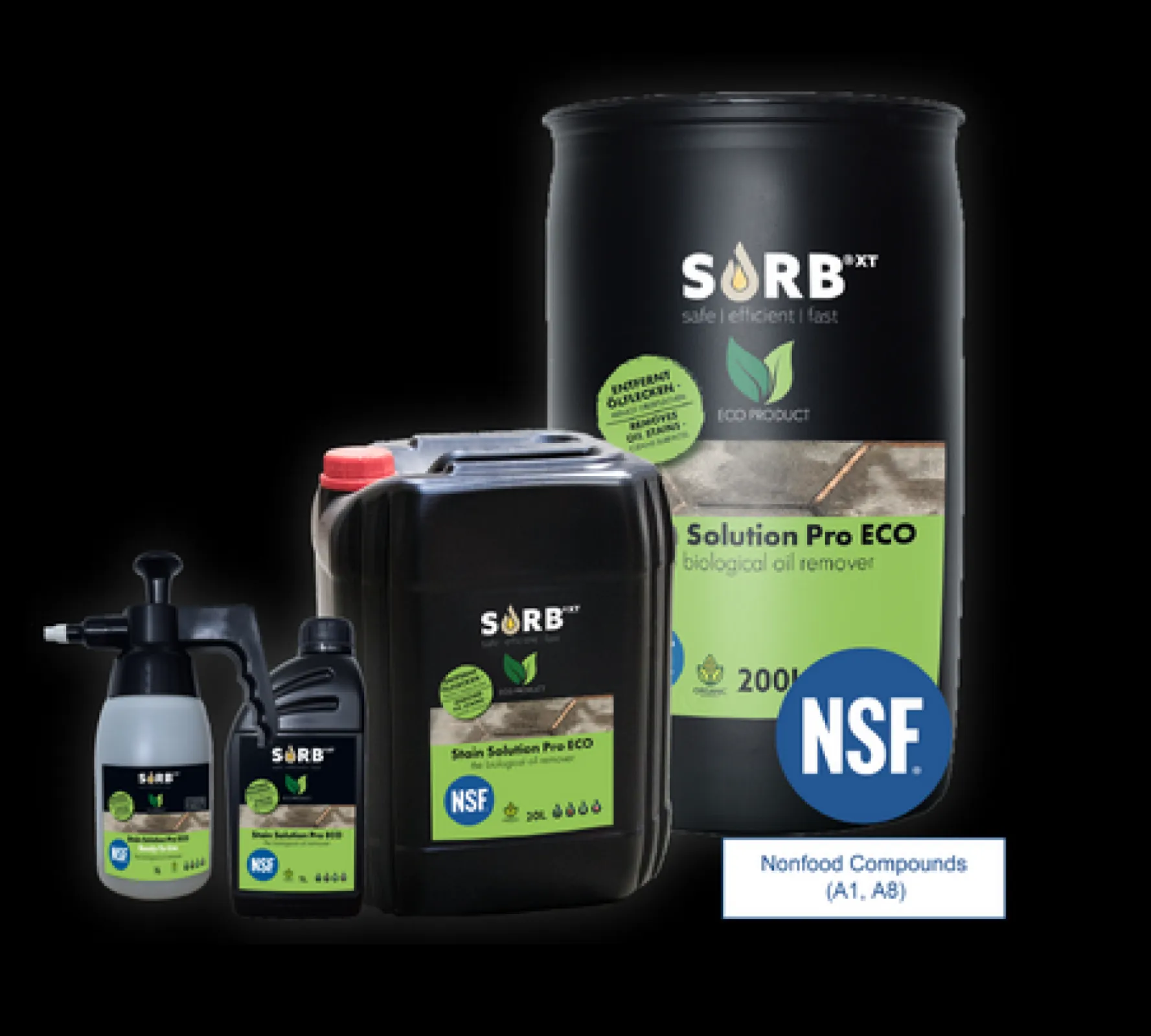 SORB®️ Stain Solution Pro ECO biological, pH-neutral cleaners for cleaning surfaces and removing old oil stains in industrial or private areas, suitable for food (NSF)